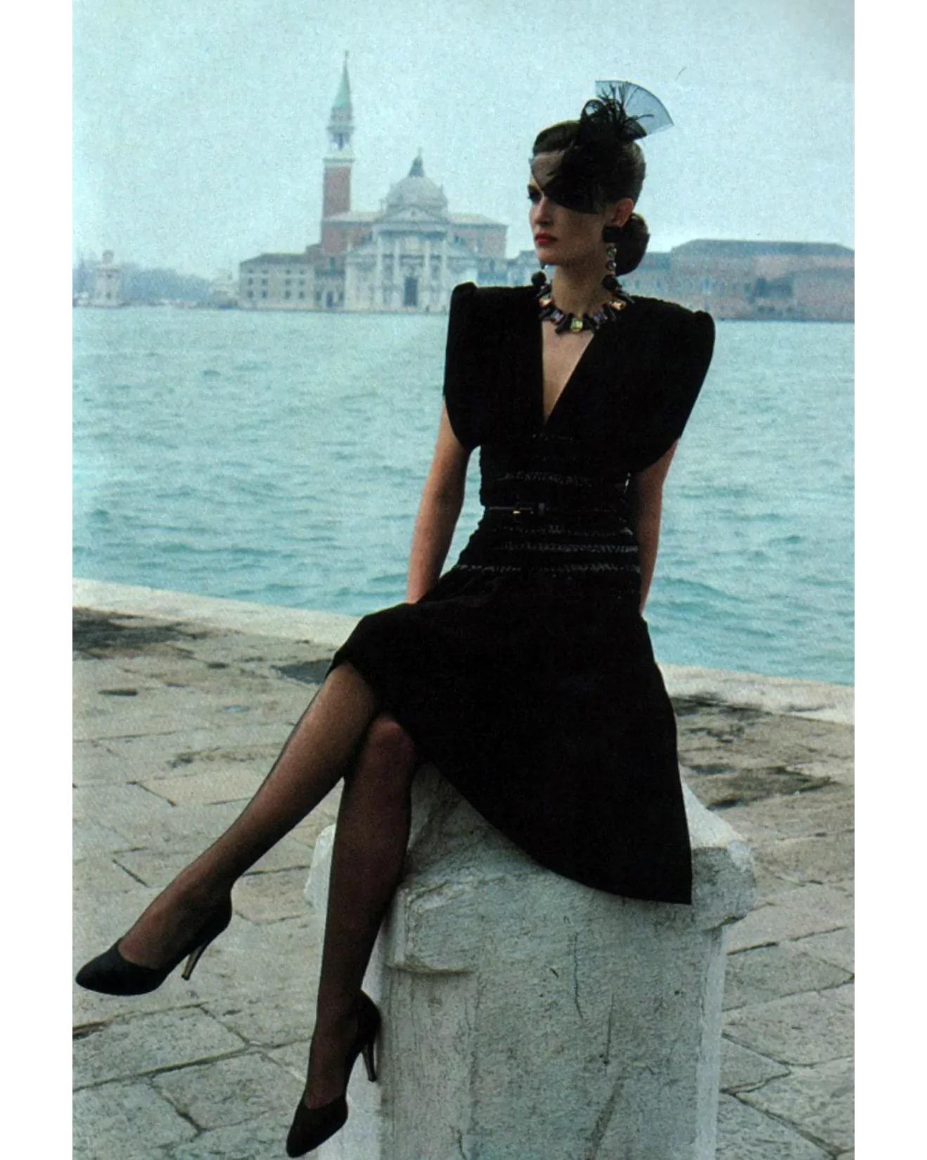 1983 Yves Saint Laurent Rive Gauche Black Jersey Sequin Dress 1