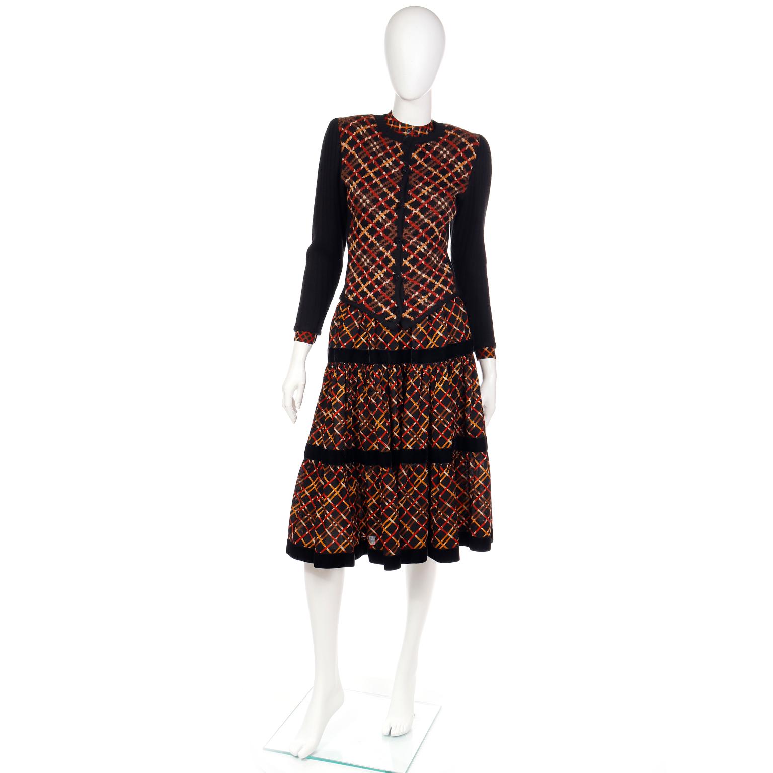Black 1983 Yves Saint Laurent Runway 3 piece Plaid Wool Skirt Blouse Sweater Outfit