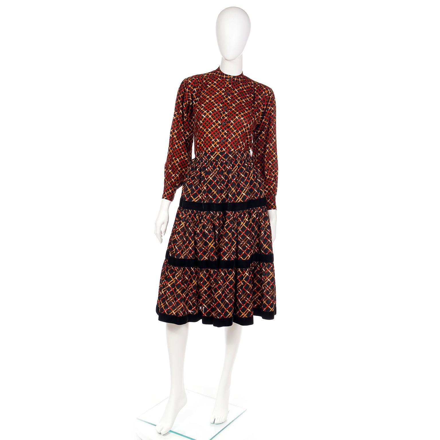 Women's 1983 Yves Saint Laurent Runway 3 piece Plaid Wool Skirt Blouse Sweater Outfit