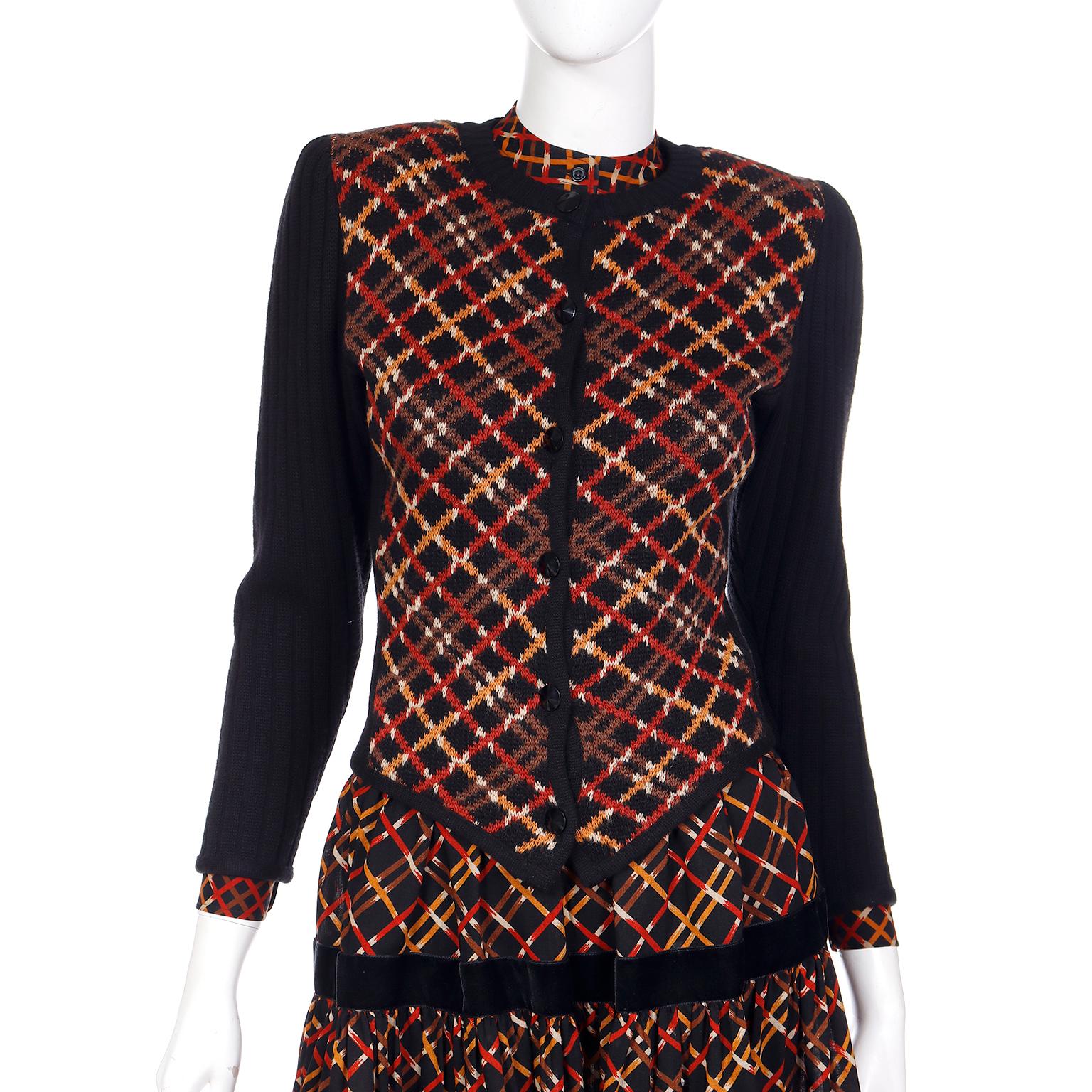 1983 Yves Saint Laurent Runway 3 piece Plaid Wool Skirt Blouse Sweater Outfit 2