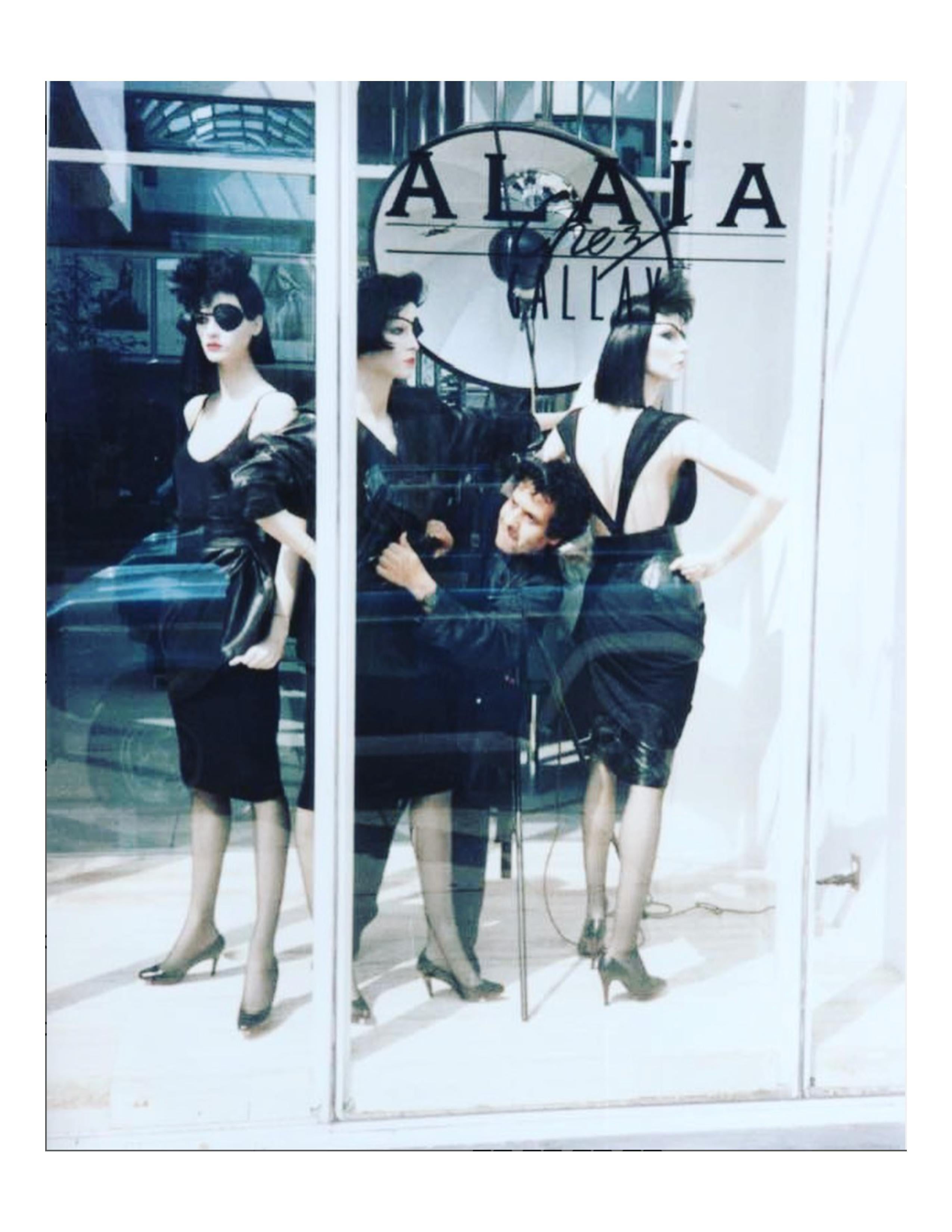 1984 AZZEDINE ALAIA black knit runway dress with wide elastic waistband For Sale 8