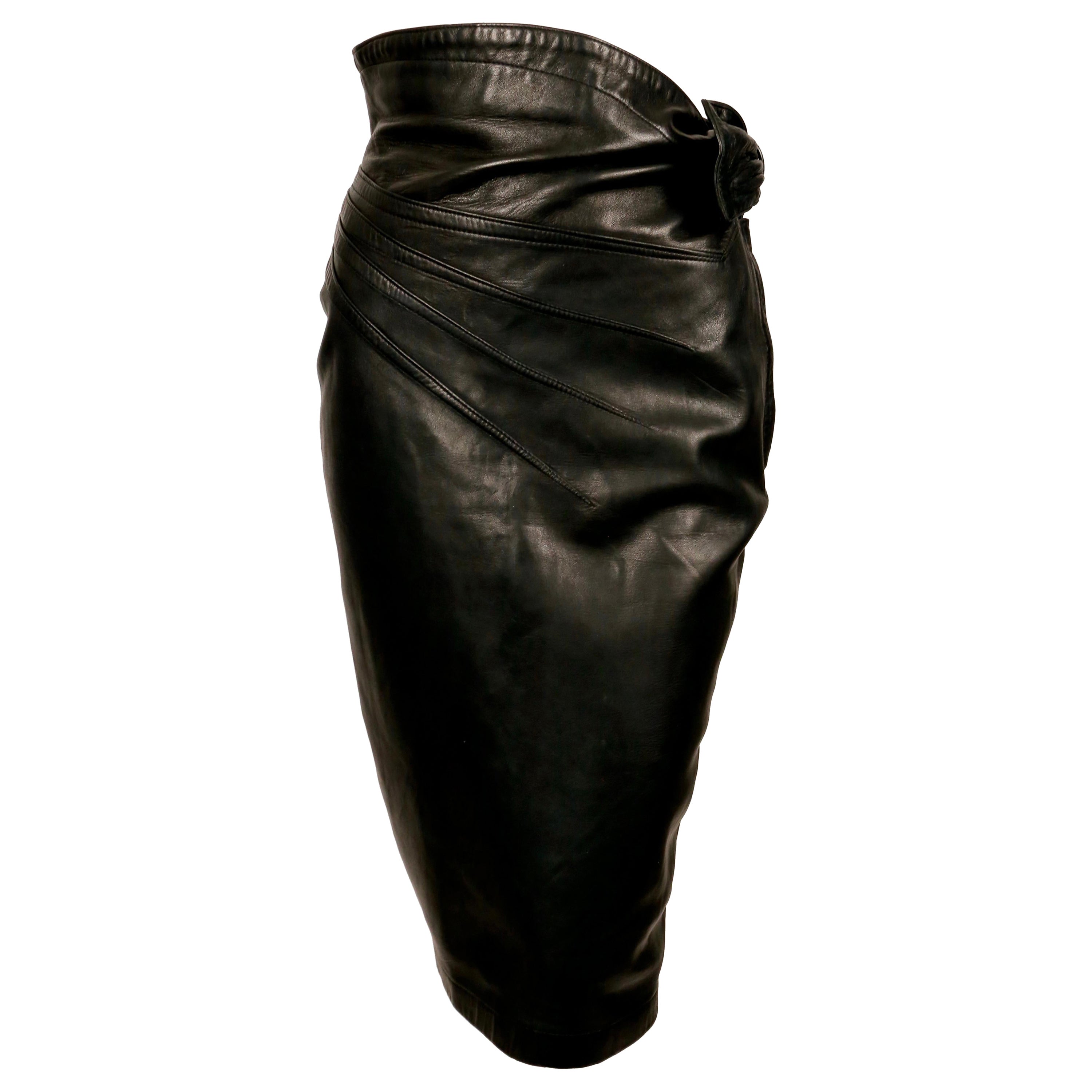 1984 AZZEDINE ALAIA black leather skirt with side buckle