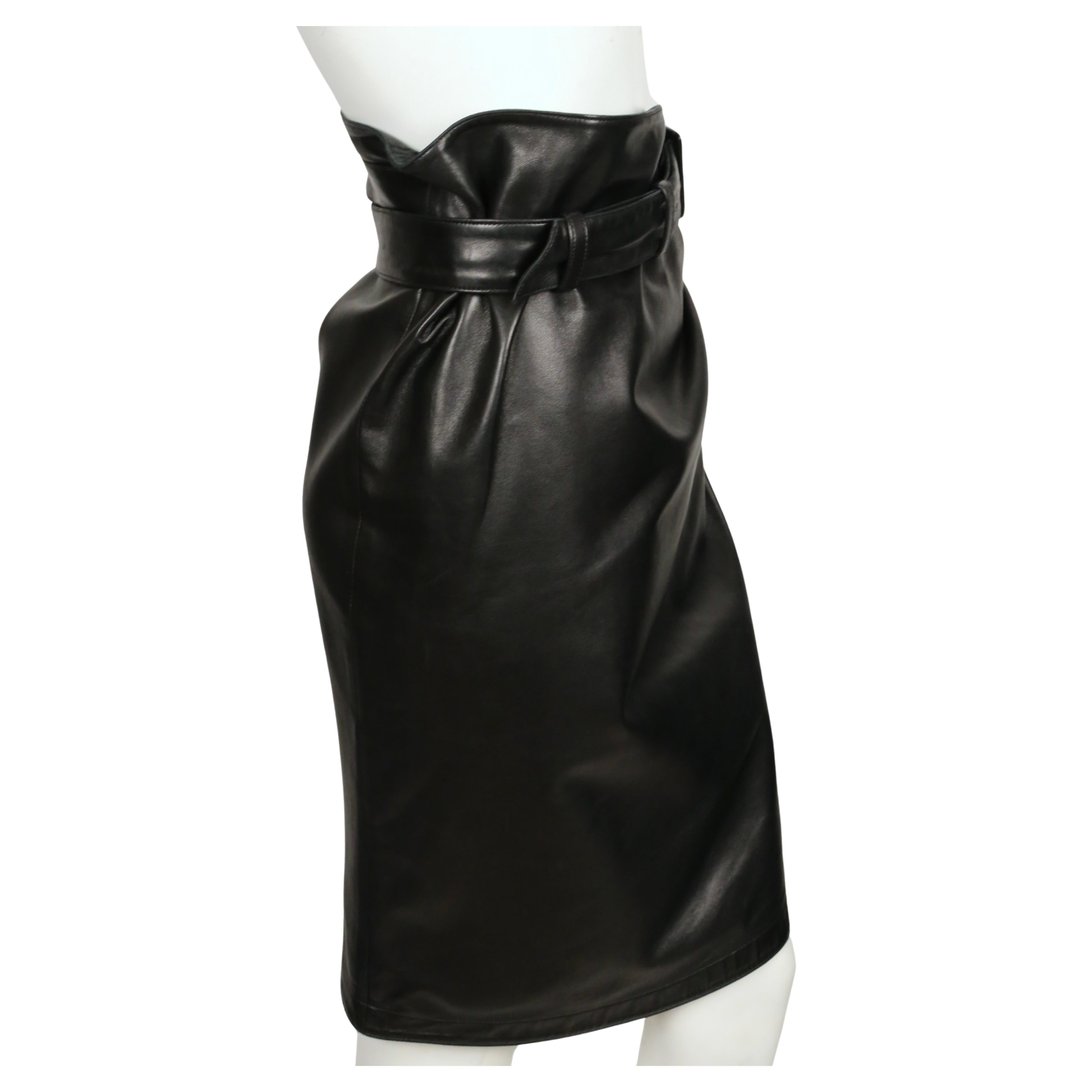 Women's or Men's 1984 AZZEDINE ALAIA black leather wrap skirt with side buckle For Sale
