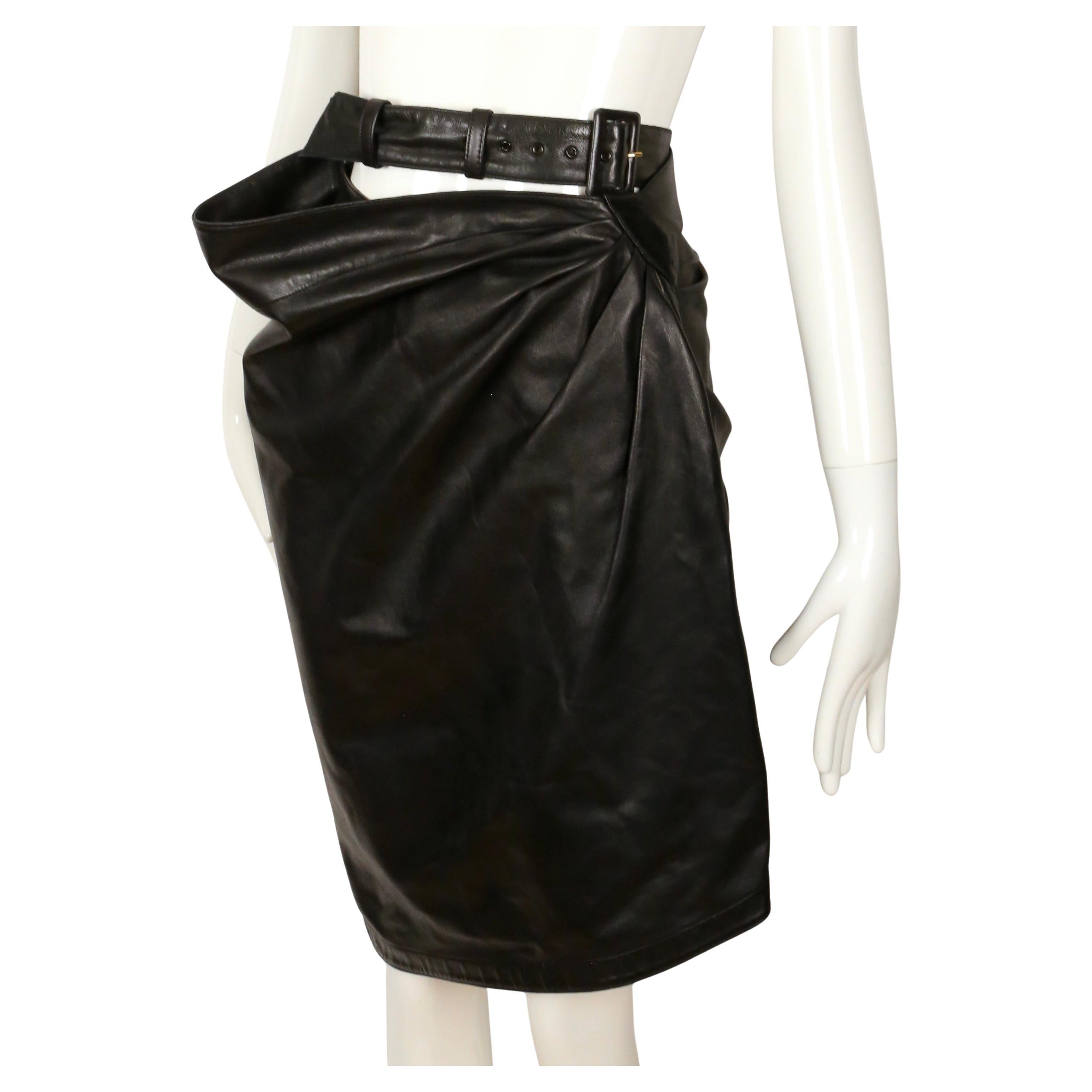 1984 AZZEDINE ALAIA black leather wrap skirt with side buckle In Good Condition For Sale In San Fransisco, CA