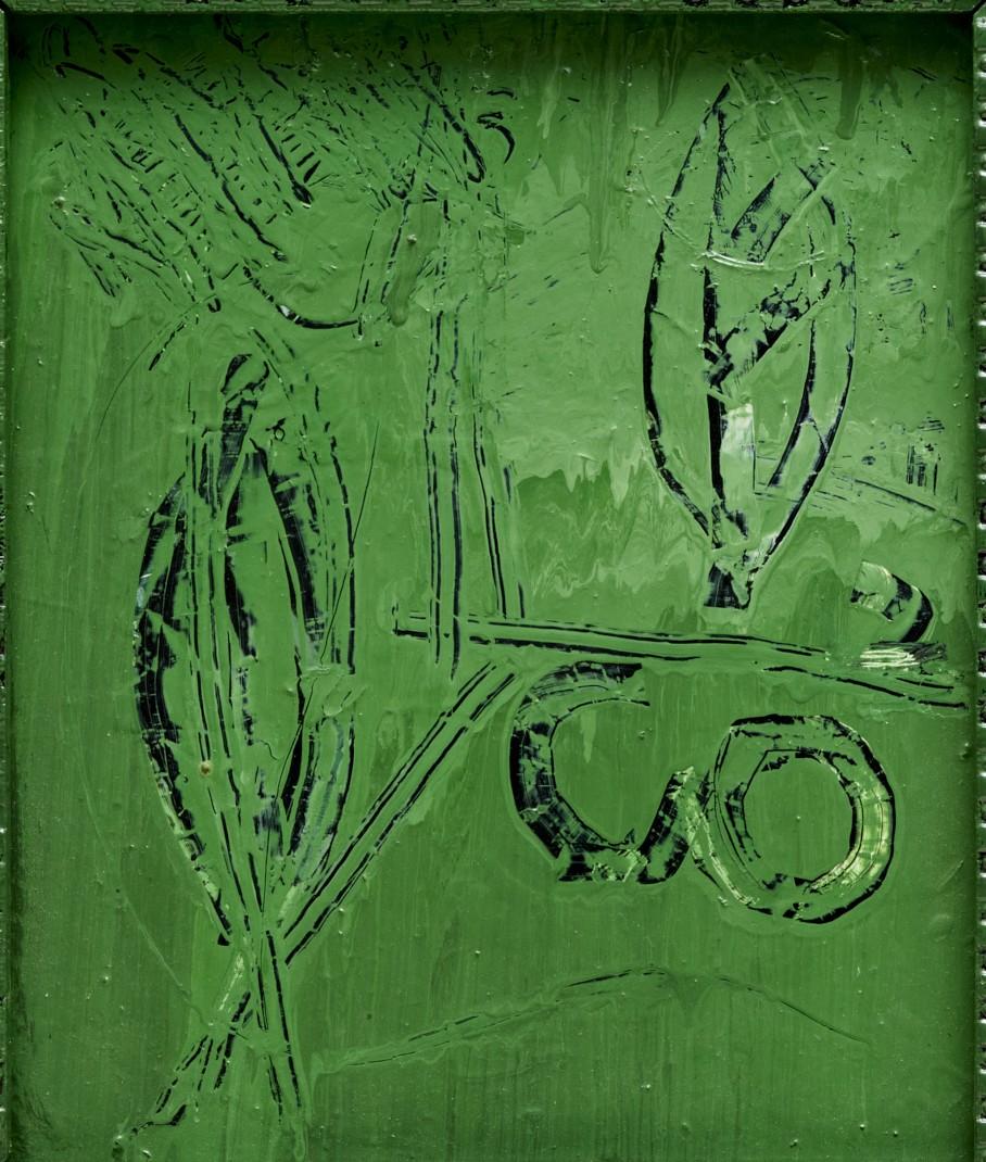 Industrial 1984 Barry Brigewood (American) Green Enamel on Wood, in Artist Modified Frame For Sale