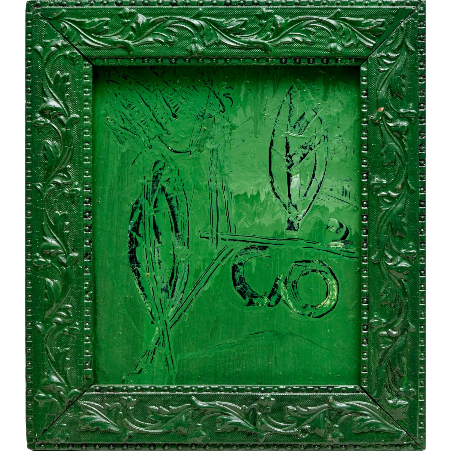 1984 Barry Brigewood (American) Green Enamel on Wood, in Artist Modified Frame For Sale 2