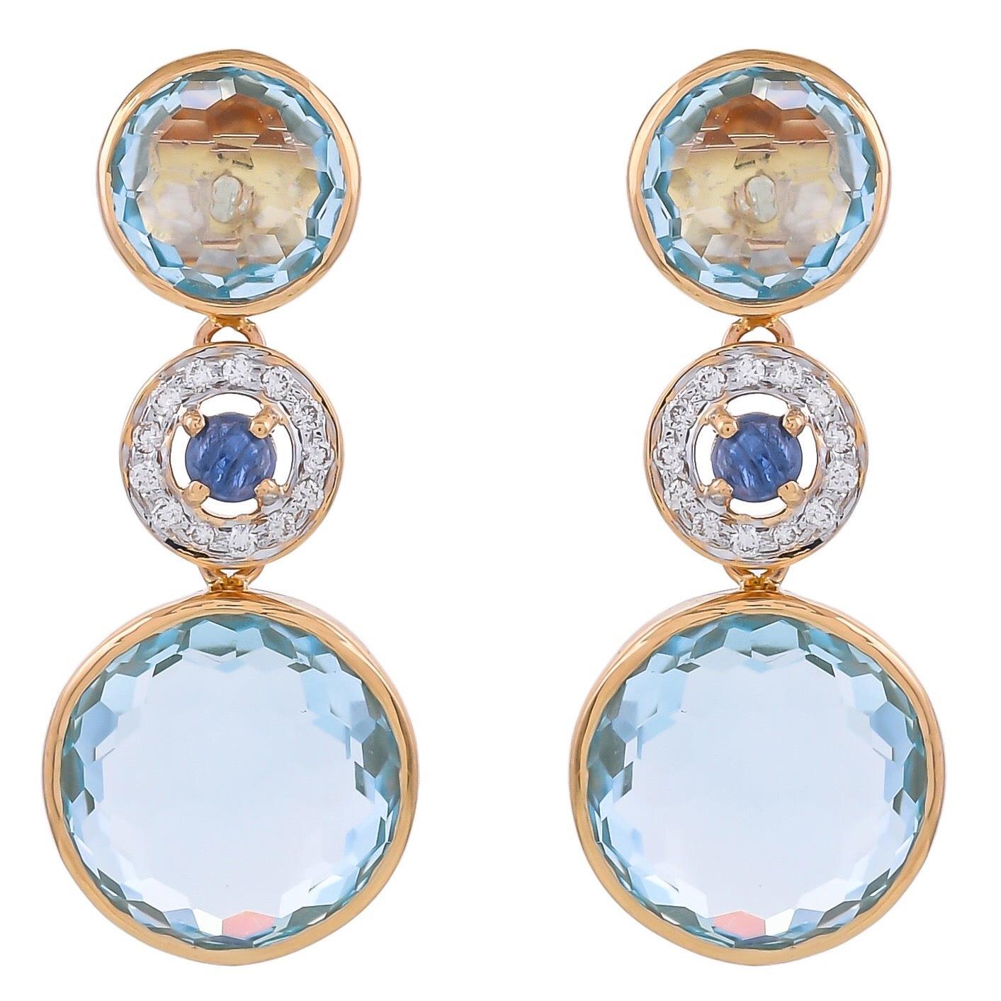 19.84 Carat Blue Topaz Blue Sapphire Diamond 18 Karat Yellow Gold Earrings For Sale