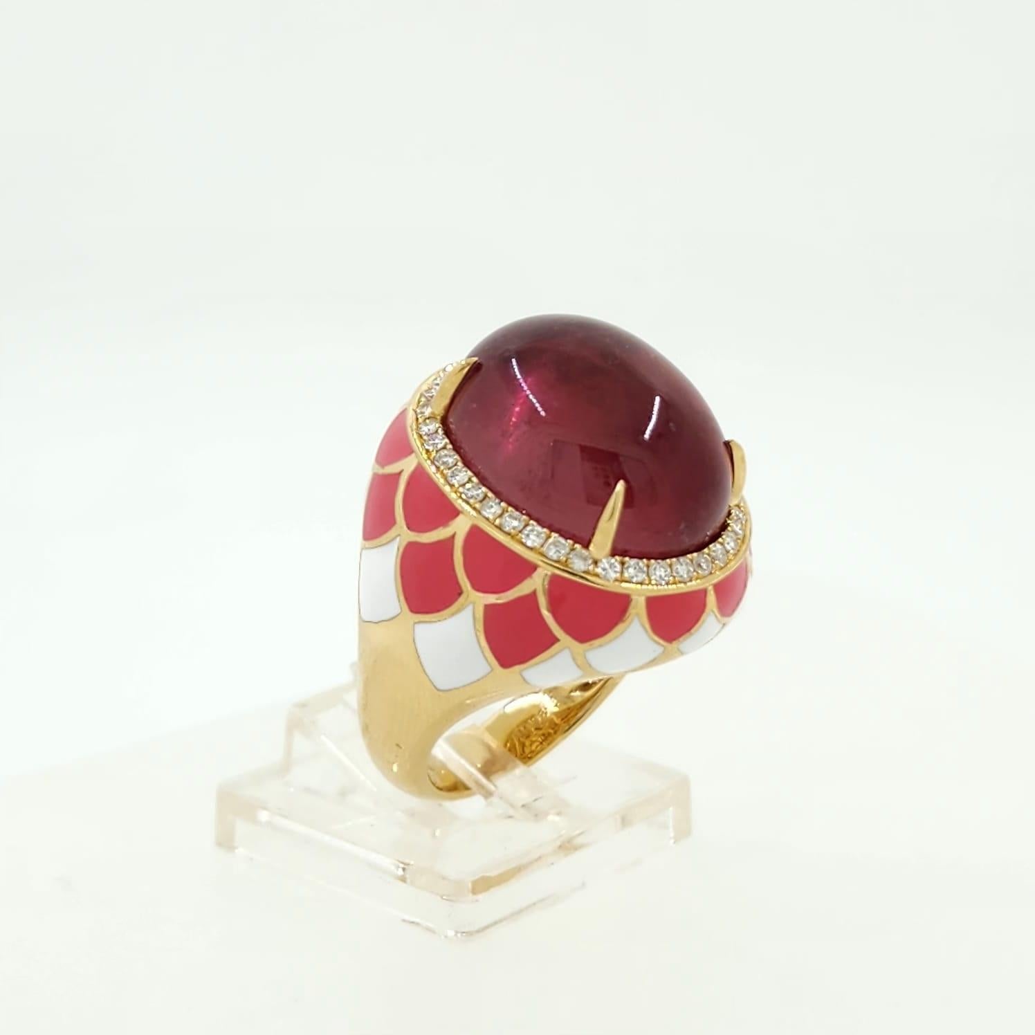 Women's or Men's 19.84 Carat Tourmaline Diamond Enamel Cocktail Ring in 18 Karat Yellow Ring