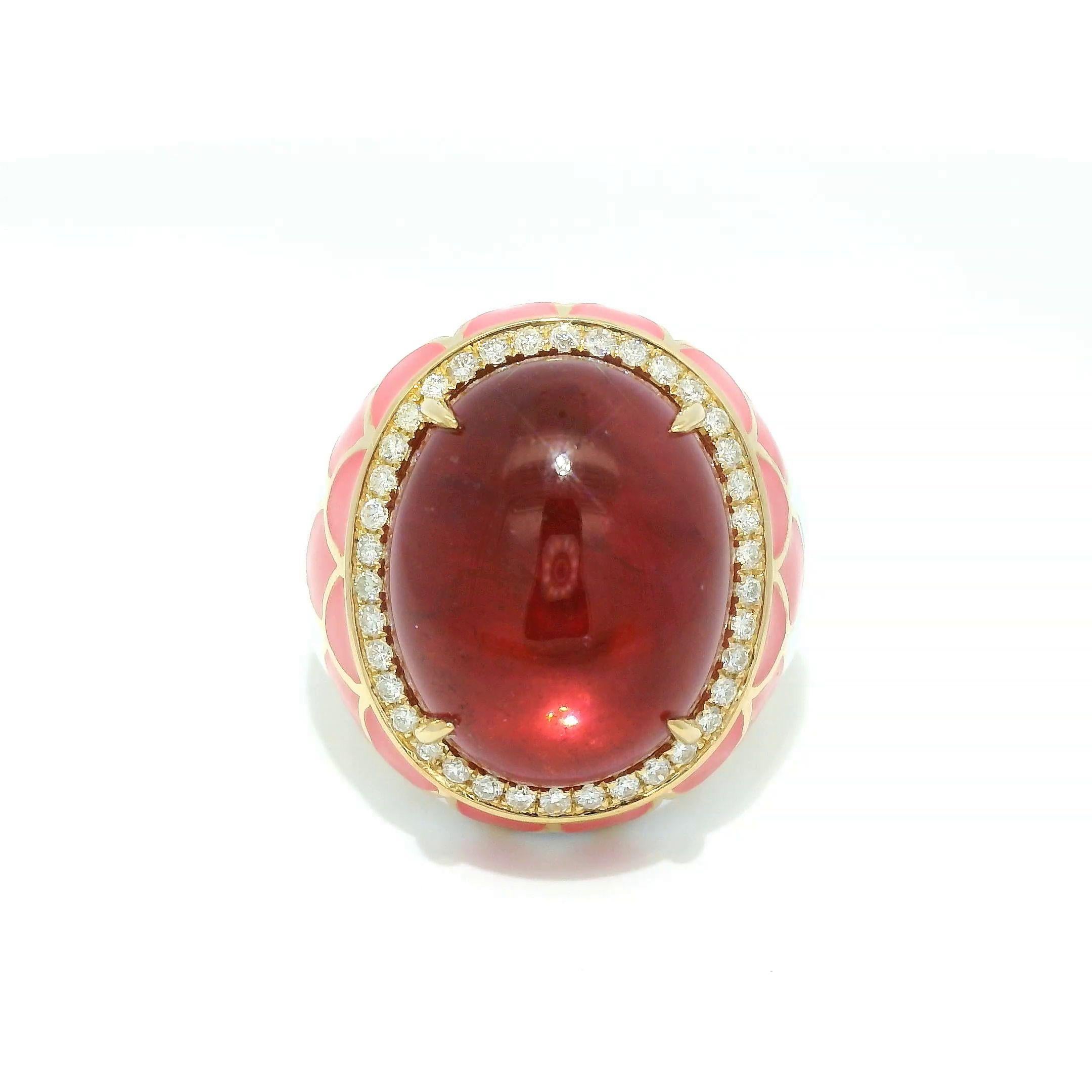 19.84 Carat Tourmaline Diamond Enamel Cocktail Ring in 18 Karat Yellow Ring In New Condition In Hong Kong, HK