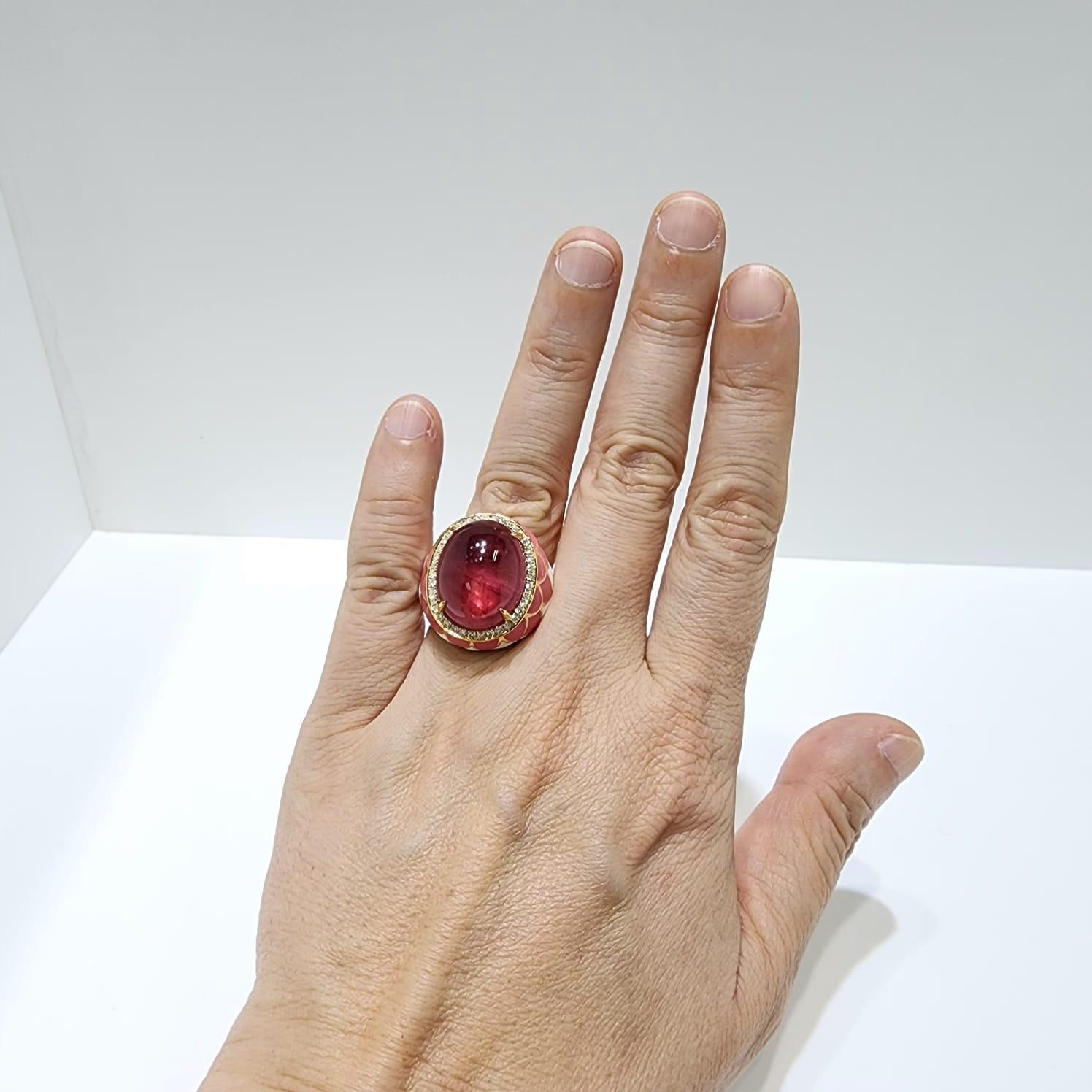 19.84 Carat Tourmaline Diamond Enamel Cocktail Ring in 18 Karat Yellow Ring 3