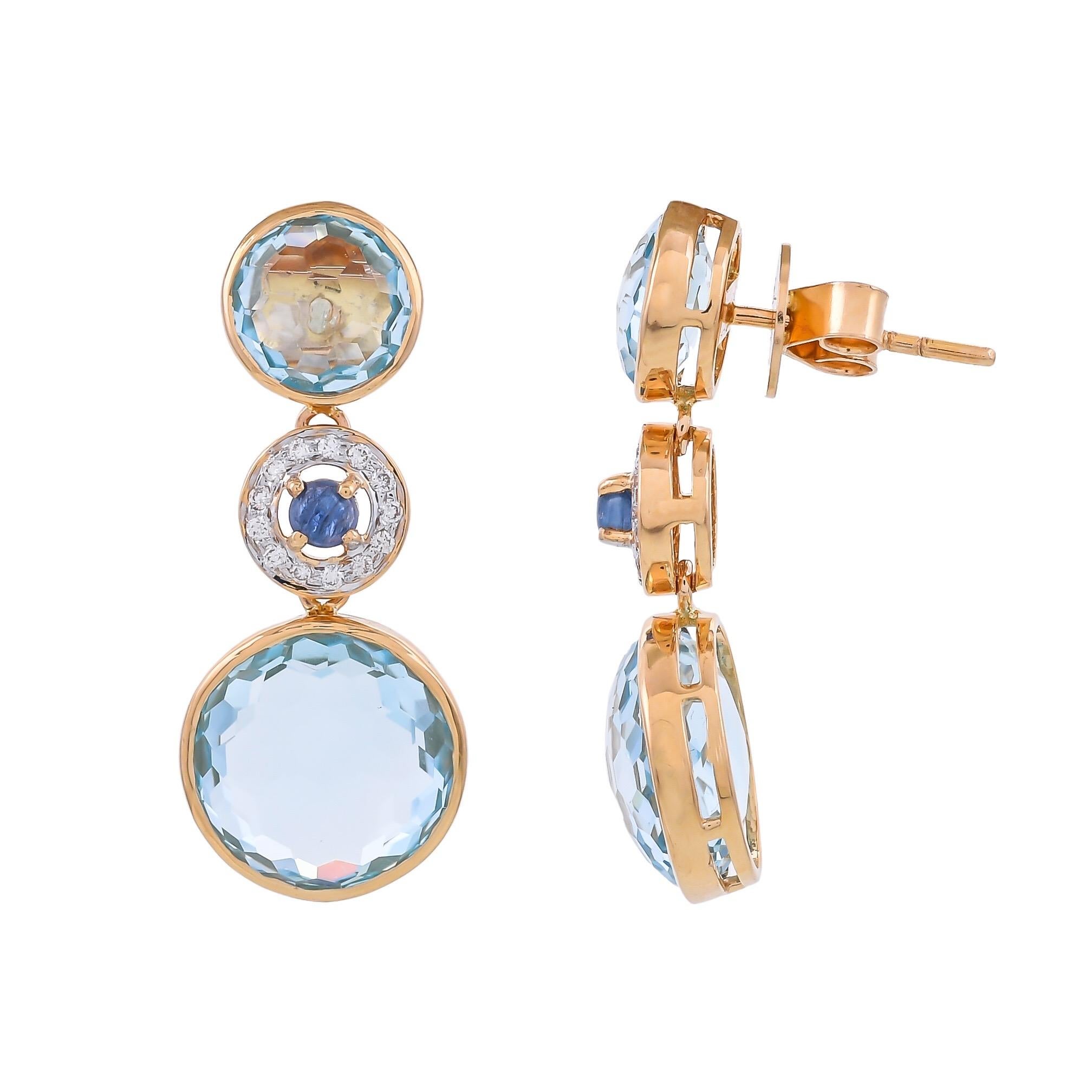 Mounted in 18 karats yellow gold, this simple and elegant earring is from the collection 'Bonbon'. This earring revolves around simplistic designs concept with just accents of 0.16 carats diamonds, 0.37 carats blue sapphire and 19.84 carats blue