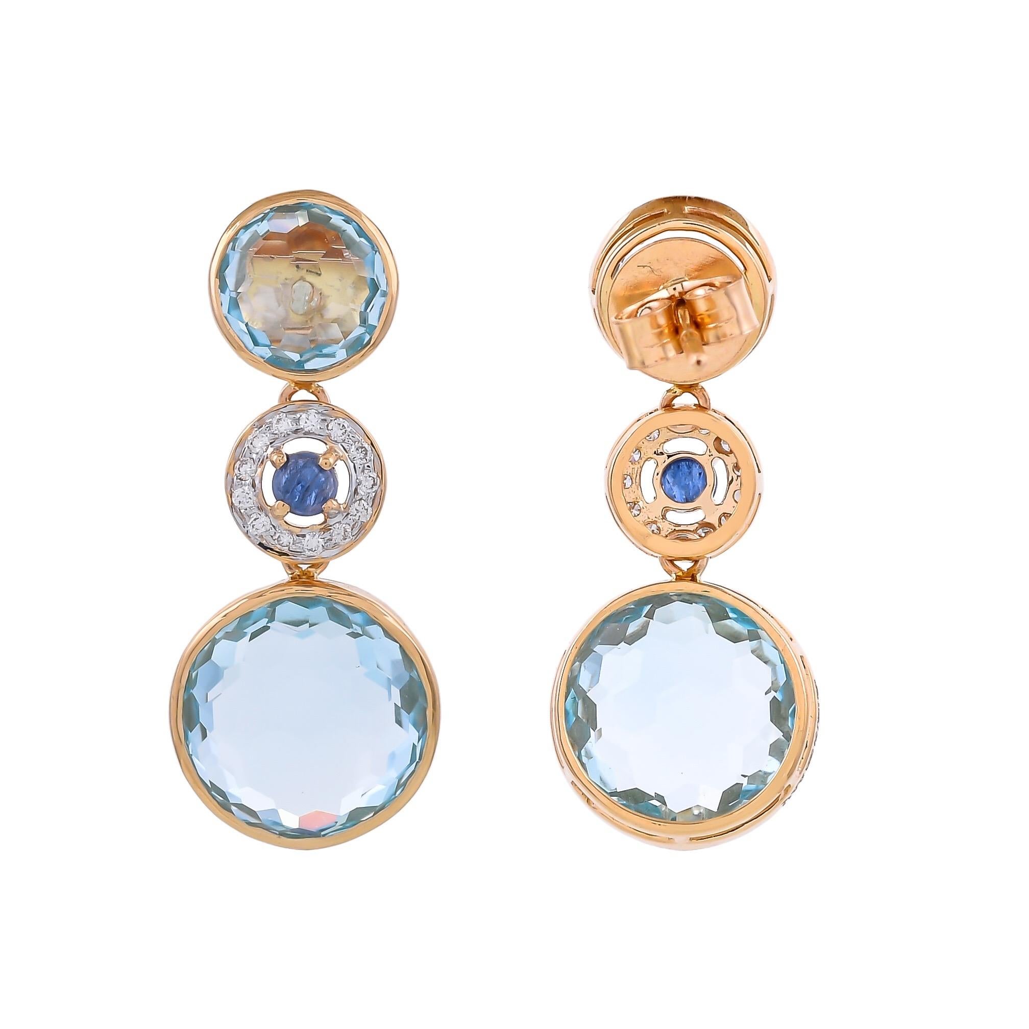Modern 19.84 Carat Blue Topaz Blue Sapphire Diamond 18 Karat Yellow Gold Earrings For Sale
