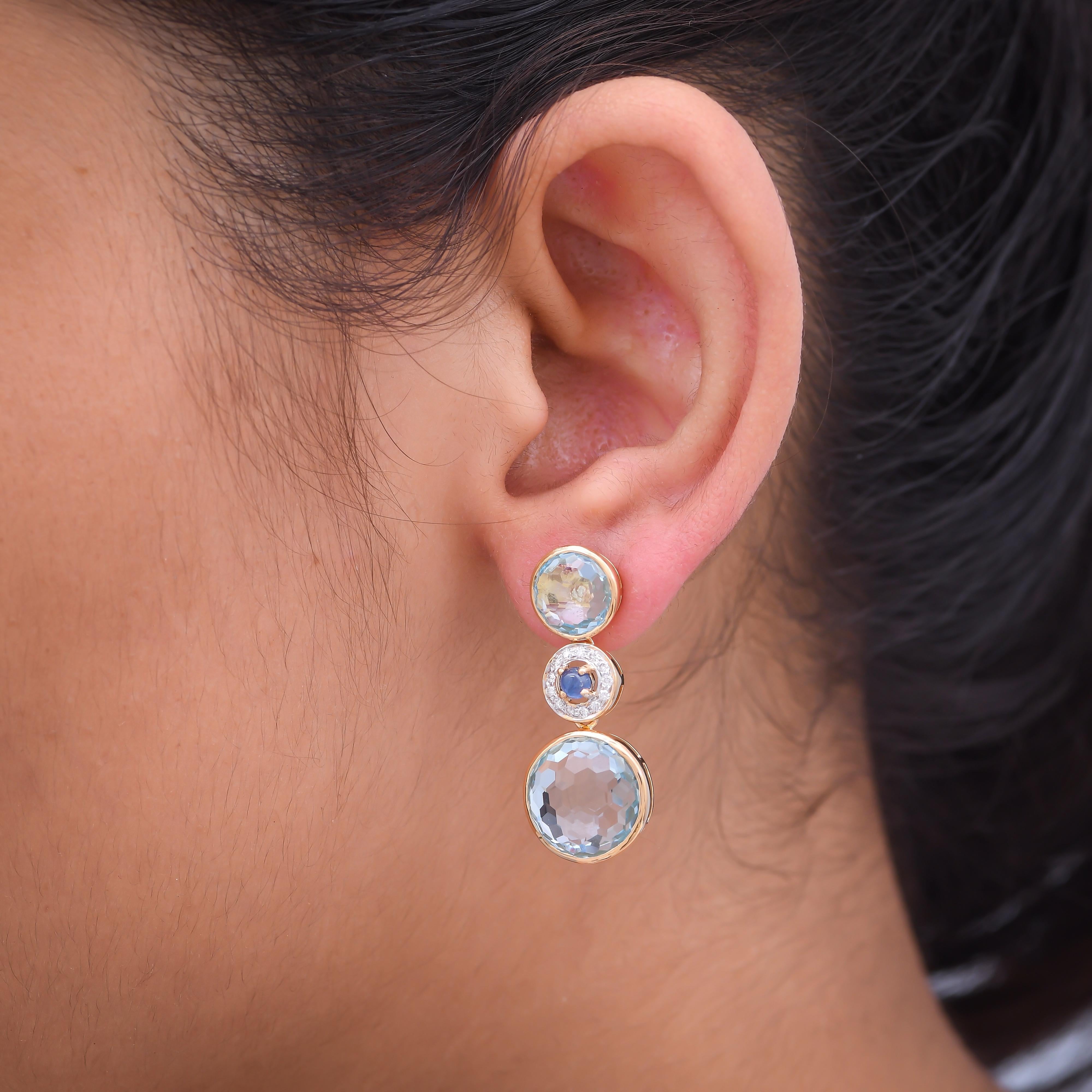 Briolette Cut 19.84 Carat Blue Topaz Blue Sapphire Diamond 18 Karat Yellow Gold Earrings For Sale