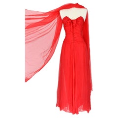 Vintage 1984 Chanel by Karl Lagerfeld Red Silk Chiffon Gown and Stole