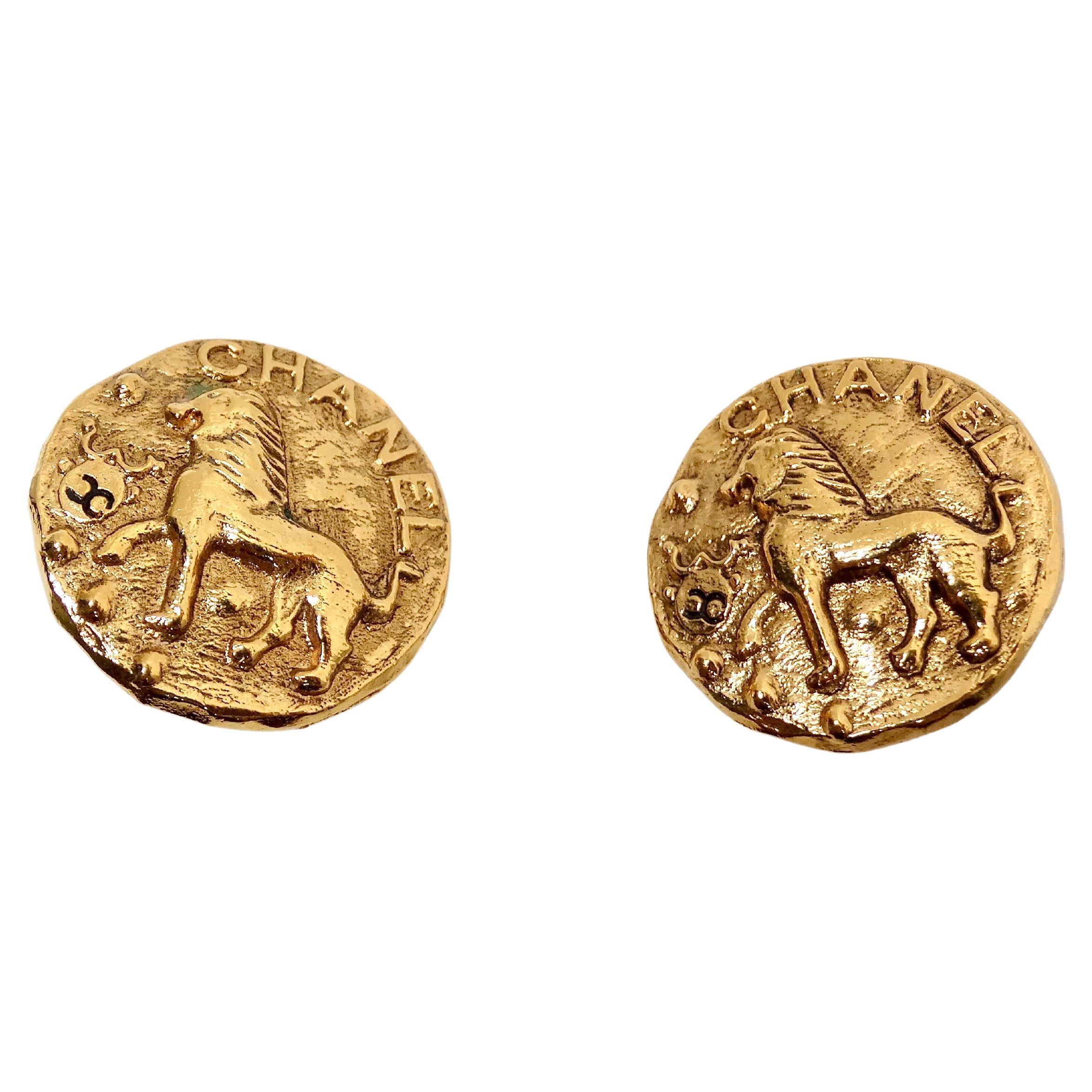 1984 Chanel Gold Tone Lion Motif Coin Style Clip-On Earrings