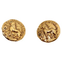 1984 Chanel Gold Tone Lion Motif Coin Style Clip-On Earrings