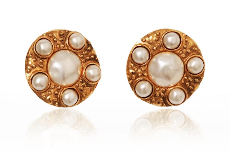 Chanel Vintage Gold Metal And Imitation Pearl CC Earrings, 1980s