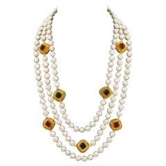 1984 Chanel Triple Stand Pearl Necklace with Gripoix Jewels