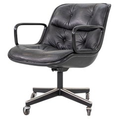 1984 Charles Pollock pour Knoll Chaise de bureau en cuir noir et chrome