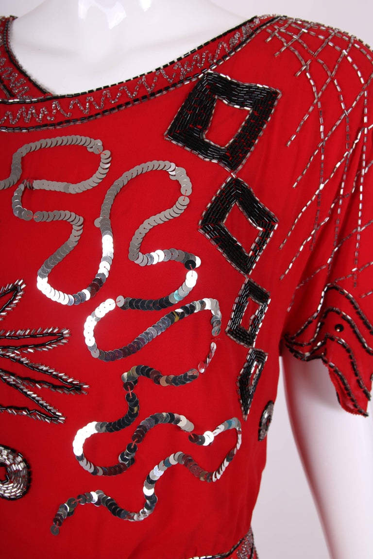 Sexy 1982 Fabrice Simon Black Densely Beaded Silk Chiffon Dress w Plunge Front