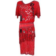 1984 Fabrice Cocktailkleid aus roter Seide mit Pailletten und Perlen