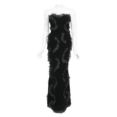 1984 Givenchy Haute Couture Documented Silk Petal Appliqué Velvet Hourglass Gown