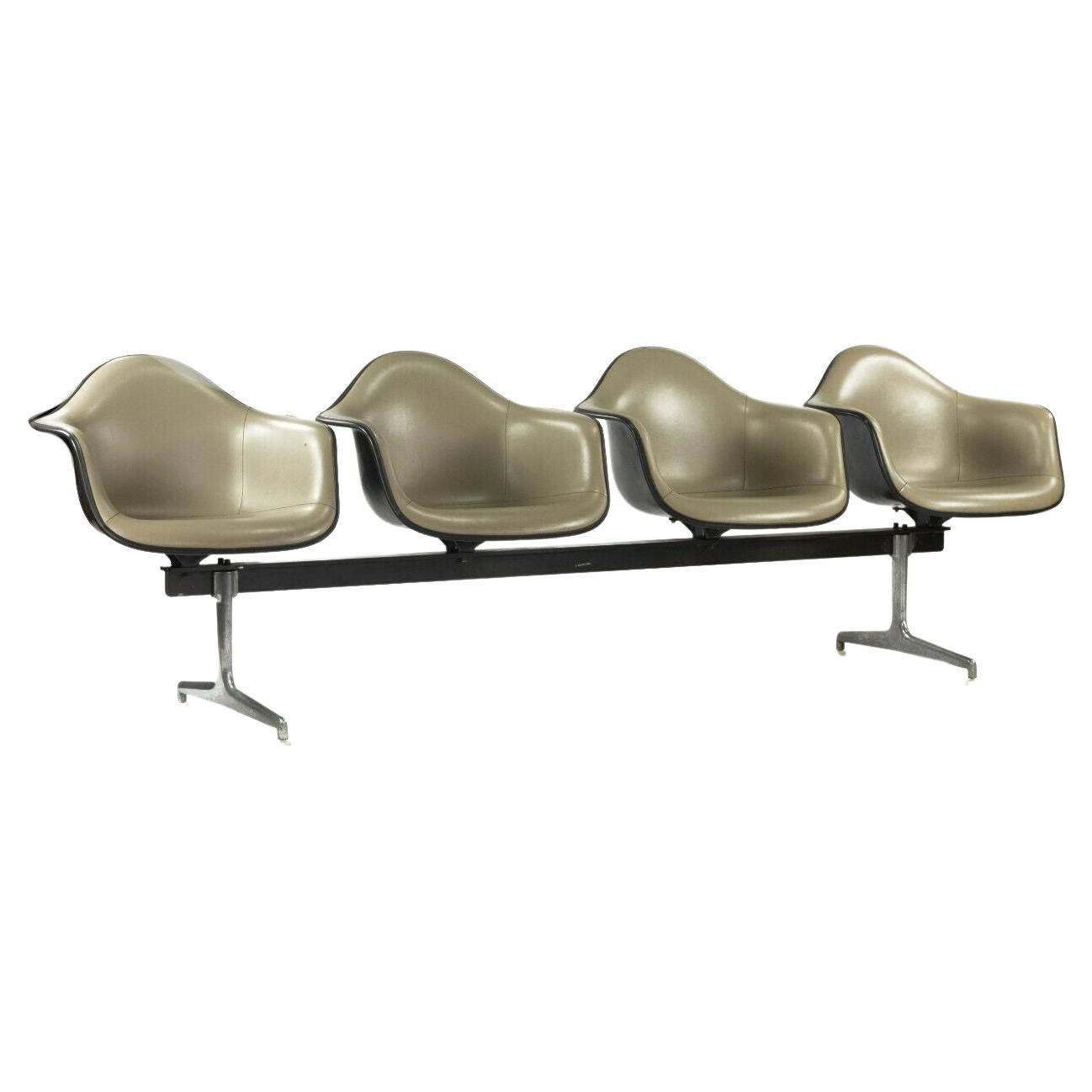 1984 Herman Miller Eames 3734 T&em Four Seater Arm Shell Bench in Gray Naugahyde For Sale