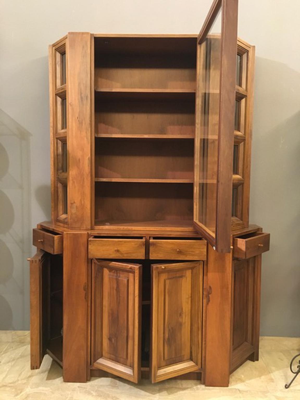 Italian 1984 Italy Officina Rivadossi Walnut Cabinet Vitrine in Brutalist Style