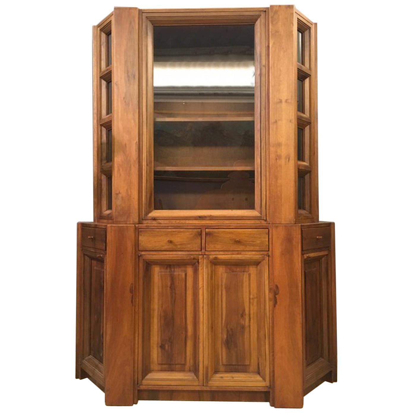 1984 Italy Officina Rivadossi Walnut Cabinet Vitrine in Brutalist Style