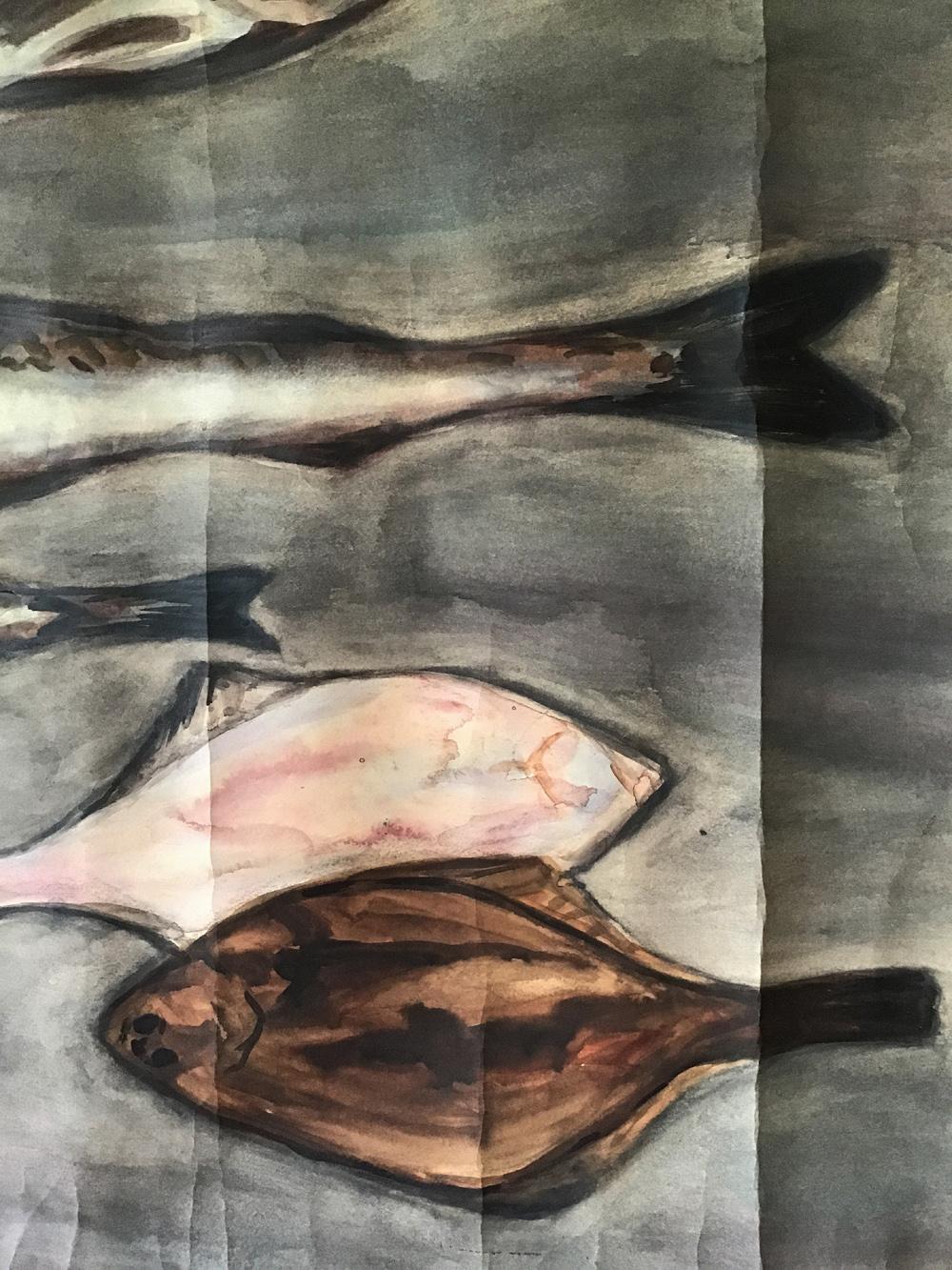 1984 Japanisch Vintage Aquarell Fisch Gemälde im Zustand „Starke Gebrauchsspuren“ im Angebot in Chiba, JP