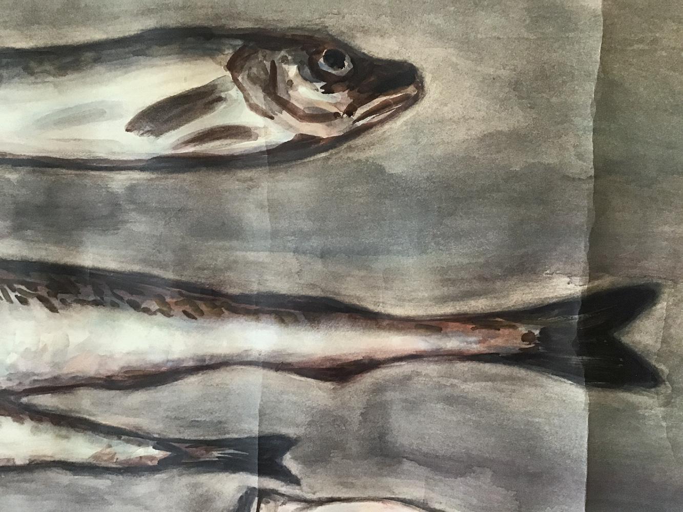 1984 Japanisch Vintage Aquarell Fisch Gemälde (Ende des 20. Jahrhunderts) im Angebot