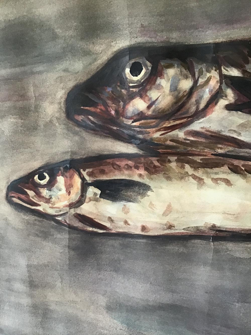 1984 Japanisch Vintage Aquarell Fisch Gemälde (Papier) im Angebot