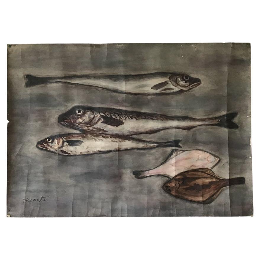 1984 Japanisch Vintage Aquarell Fisch Gemälde im Angebot