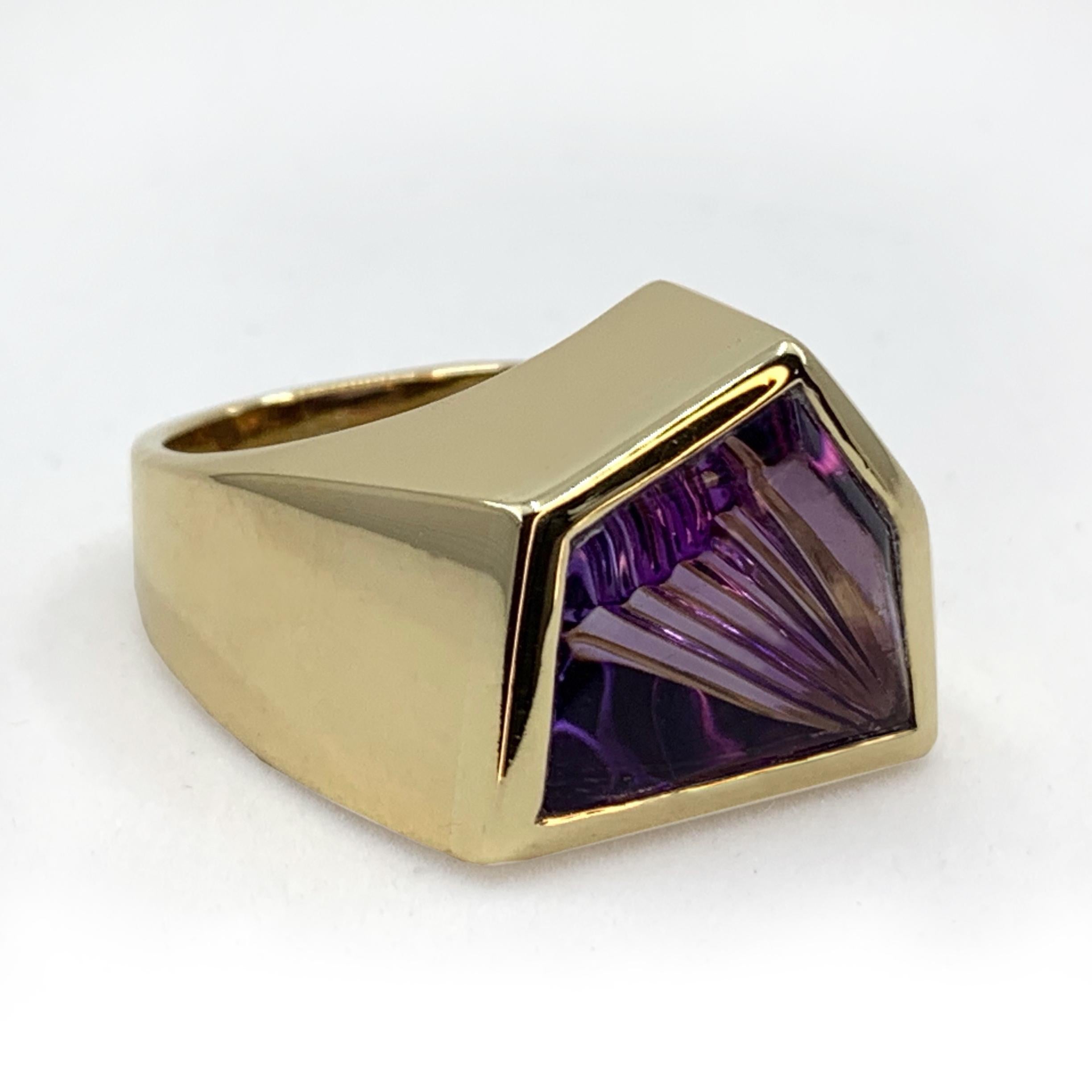 Incorporating her love of both amethysts and bold shapes, this ring, designed by Paloma Picasso early in her 30-year creative alliance with Tiffany & Co., is also a masterful example of the gem cutter's art:  shaped like a child's drawing of a