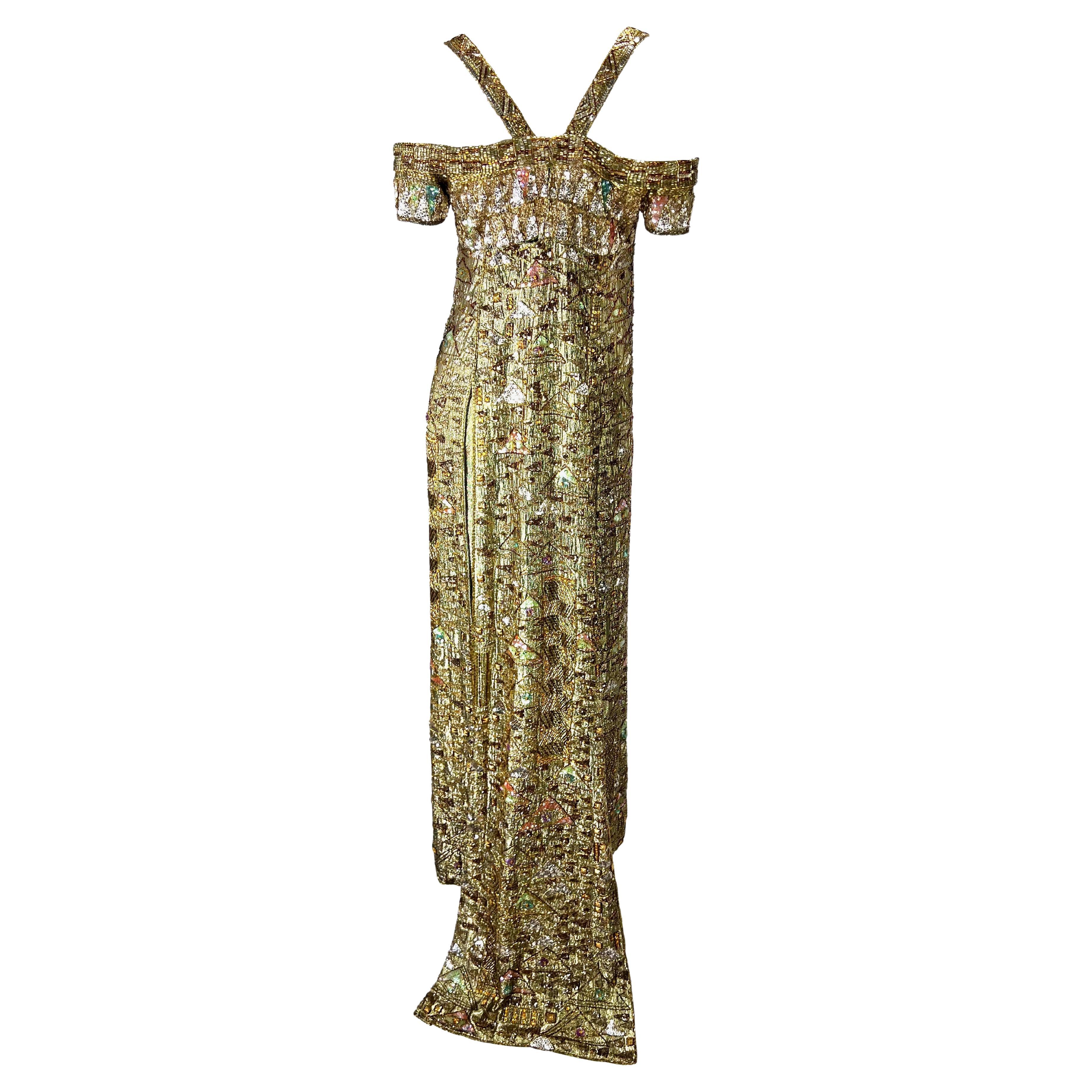 1984 Ray Aghayan für Barbra Streisand Maßgefertigtes Kleid aus goldener Lamé mit Perlenbesatz im Angebot 6