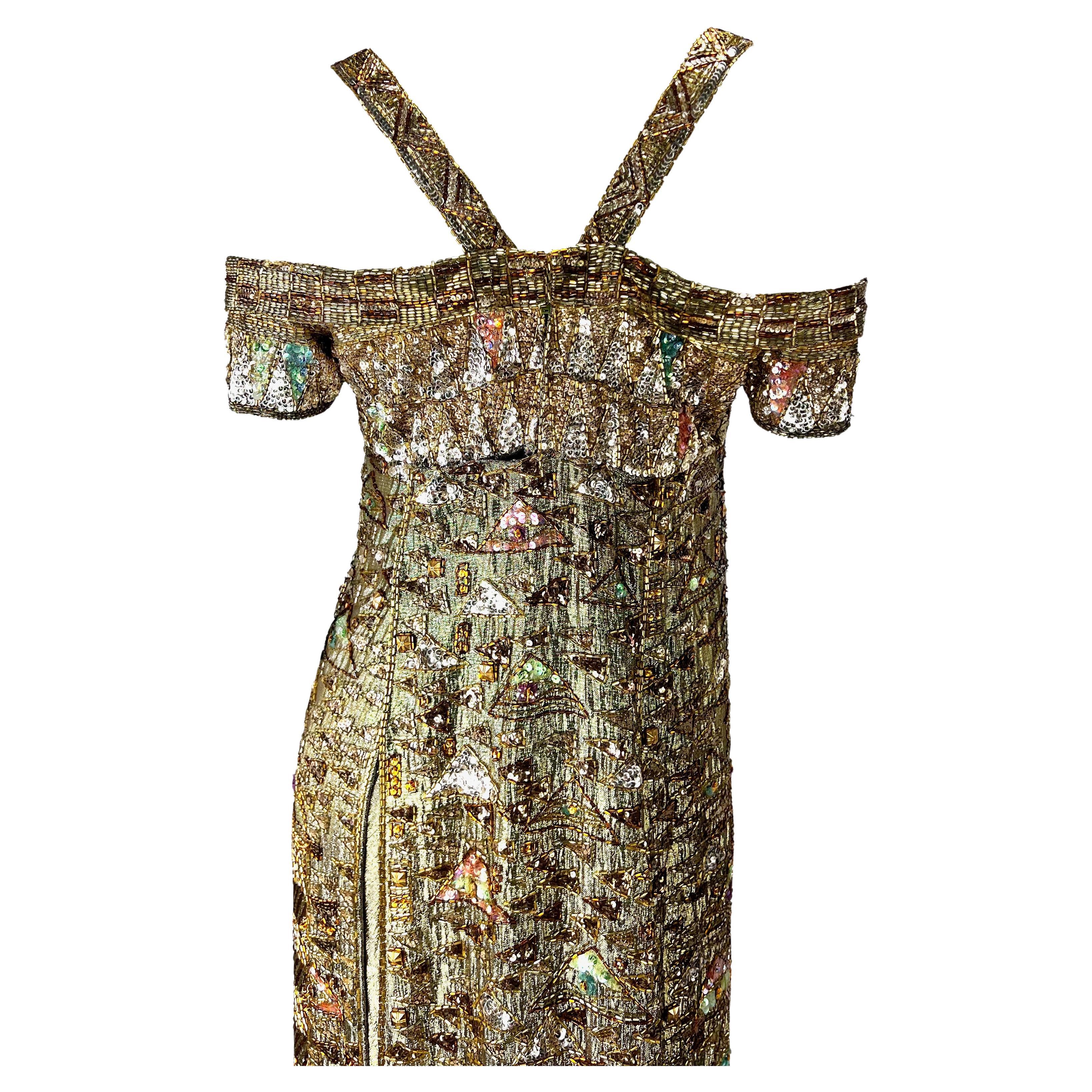 1984 Ray Aghayan for Barbra Streisand Custom Klimt Beaded Gold Lame Dress For Sale 4