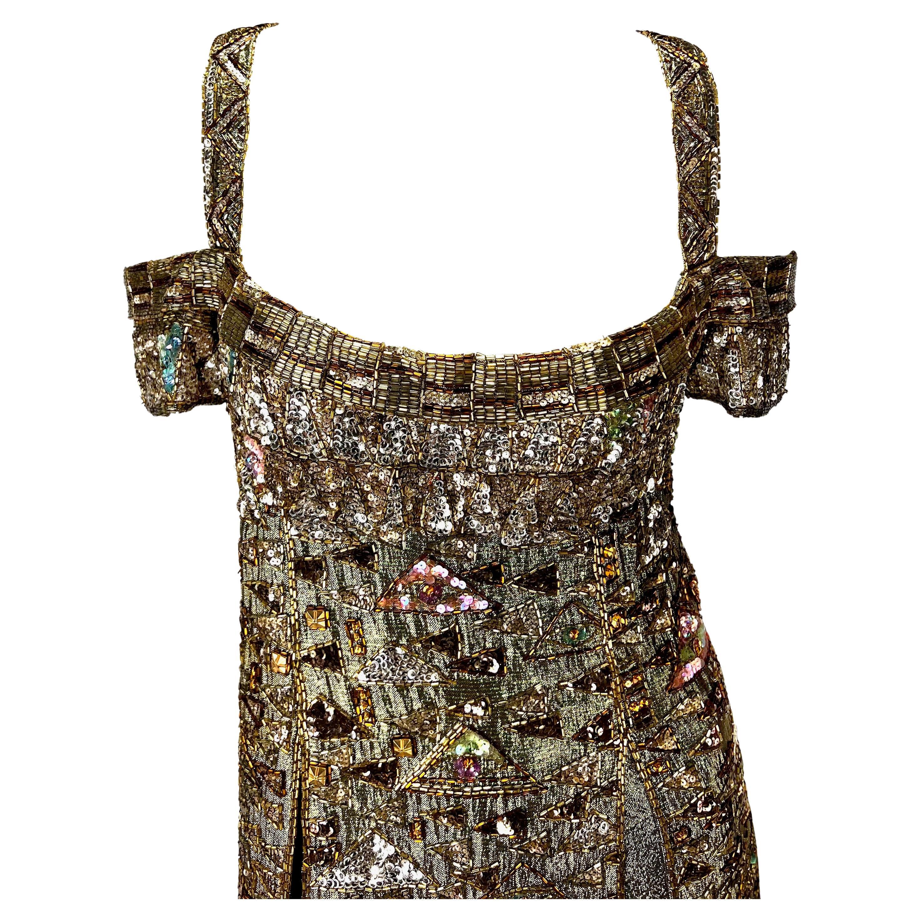 1984 Ray Aghayan für Barbra Streisand Maßgefertigtes Kleid aus goldener Lamé mit Perlenbesatz im Angebot 1