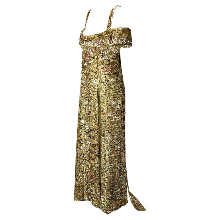 1984 Ray Aghayan for Barbra Streisand Custom Klimt Beaded Gold Lame Dress For Sale 2