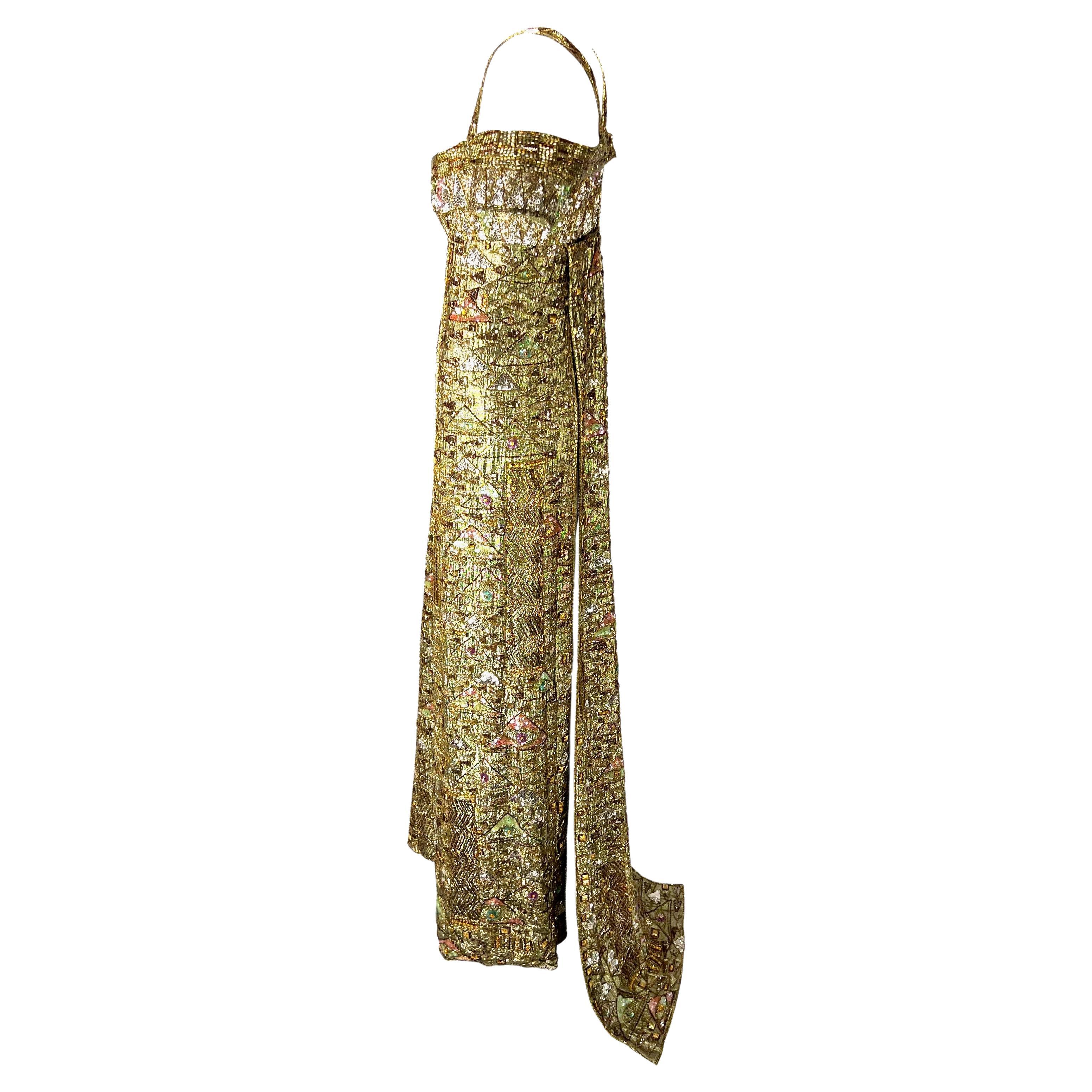 1984 Ray Aghayan for Barbra Streisand Custom Klimt Beaded Gold Lame Dress For Sale 1