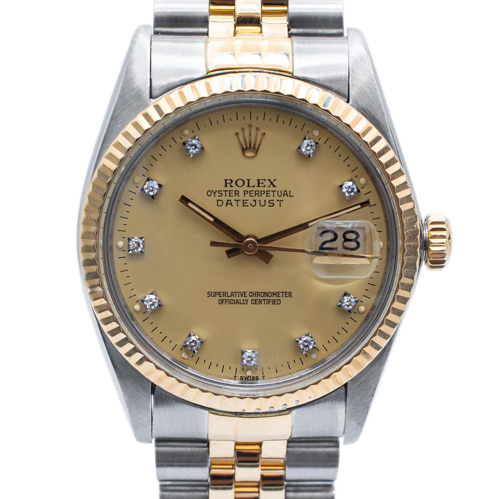 Brand: Rolex

Gender: Unisex

Metal Type: Stainless steel and 18K Yellow Gold

Diameter: 36.00 mm

Weight: 95.31 grams

Stainless steel and 18K yellow gold, diamond ROLEX Swiss-made watch. The metals were tested and determined to be stainless steel