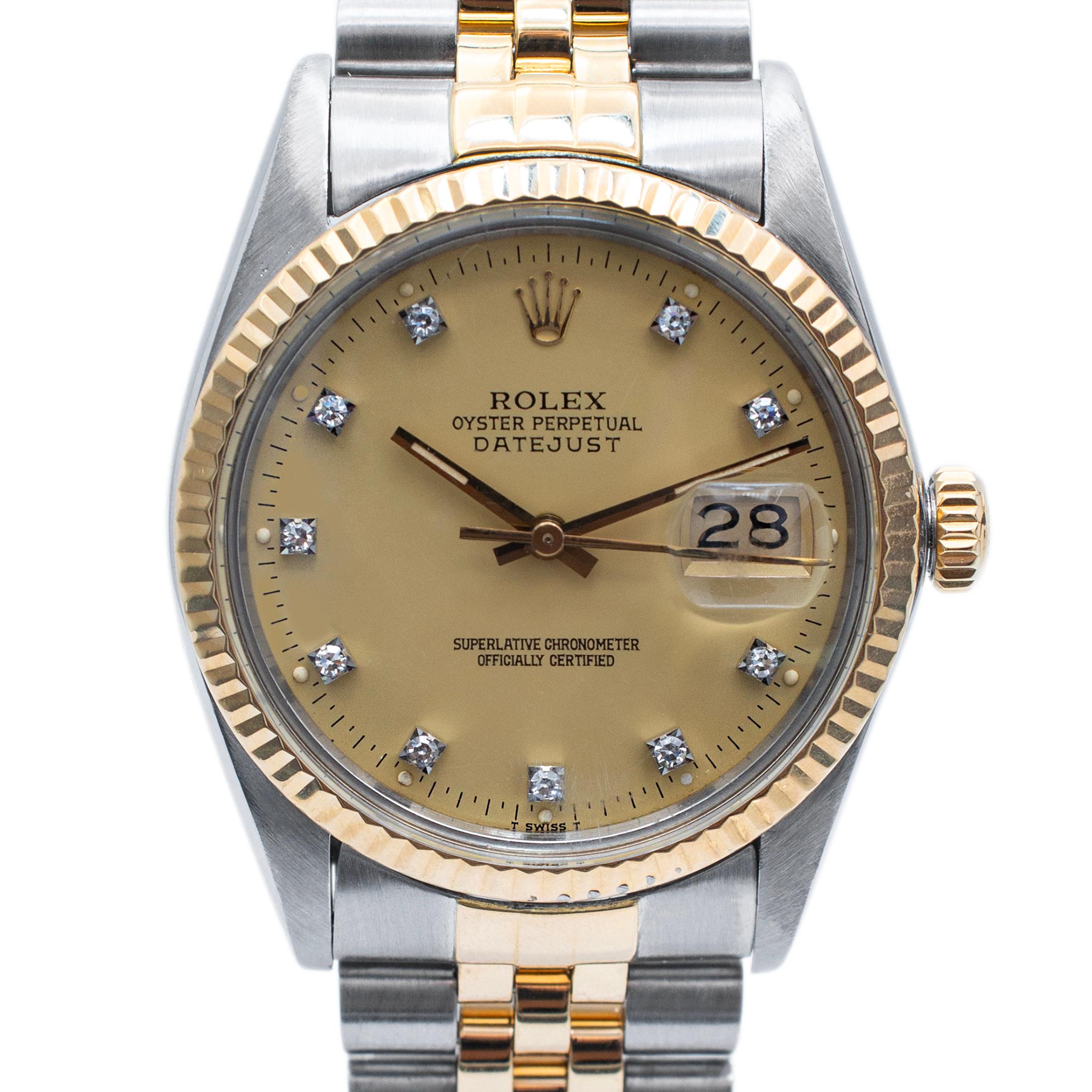 Marke: Rolex

Geschlecht: Unisex

Metall Typ: Rostfreier Stahl und 18K Gelbgold

Durchmesser: 36,00 mm

Gewicht: 95,31 Gramm

Schweizer Uhr von ROLEX aus Edelstahl und 18 Karat Gelbgold mit Diamanten. Die Metalle wurden getestet und als Edelstahl