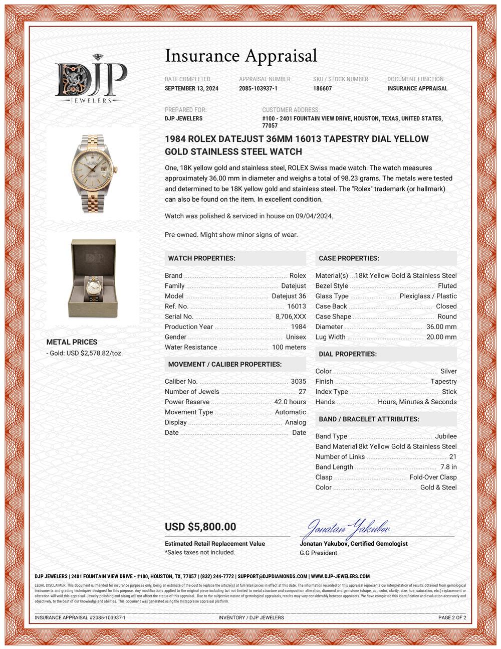 1984 Rolex Datejust 36MM 16013 Wandteppich Zifferblatt Gelbgold Edelstahl-Uhr 6