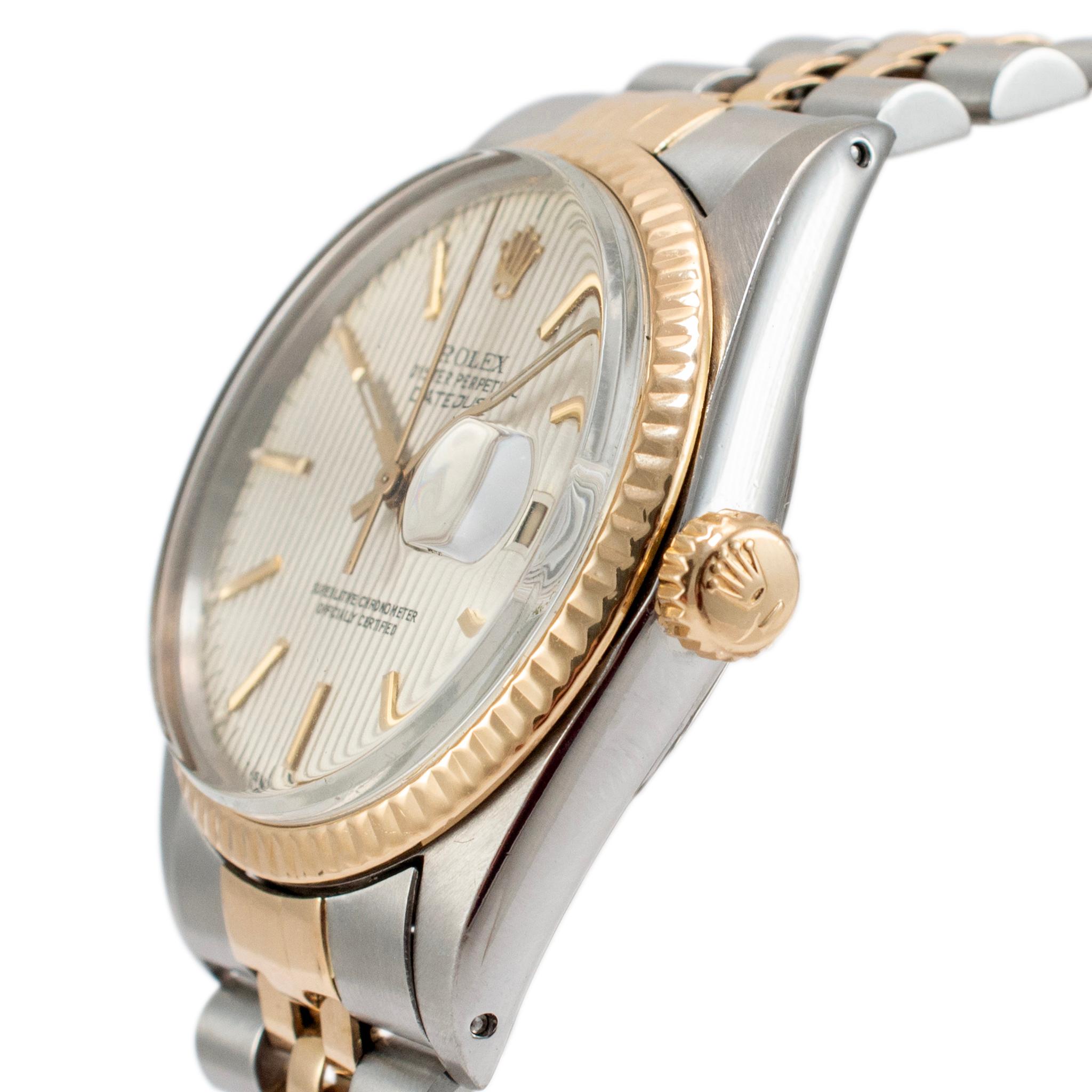 1984 Rolex Datejust 36MM 16013 Wandteppich Zifferblatt Gelbgold Edelstahl-Uhr im Zustand „Hervorragend“ in Houston, TX