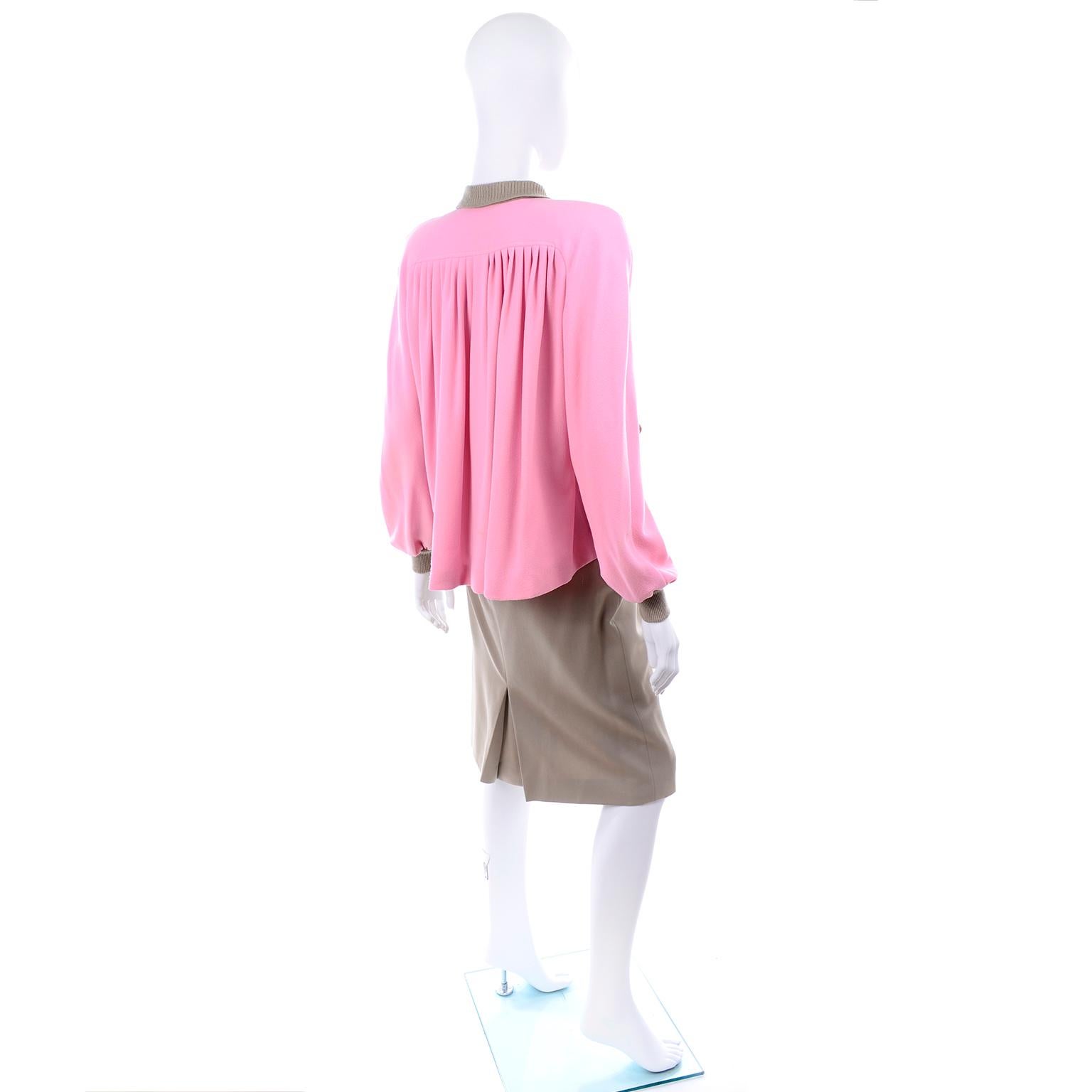 Women's 1984 Runway Vintage Valentino Boutique 2pc Skirt Top Outfit Pink & Camel Size 8