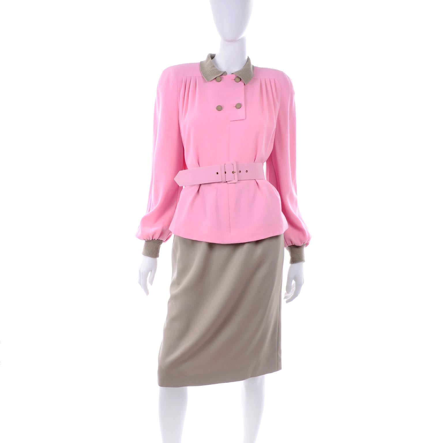 Beige 1984 Runway Vintage Valentino Boutique 2pc Skirt Top Outfit Pink & Camel Size 8