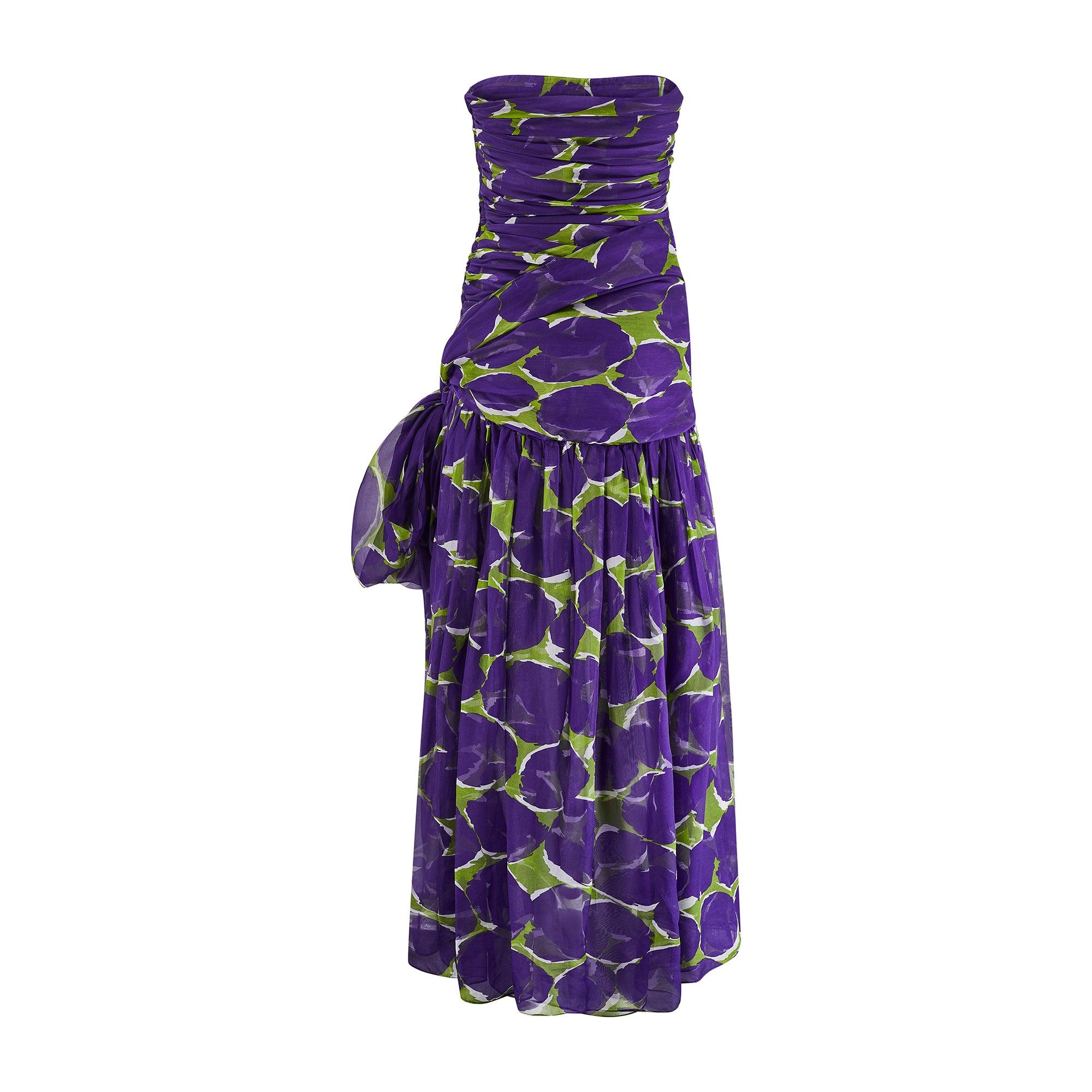 1984 Runway Yves Saint Laurent Purple and Green Printed Chiffon Dress In Excellent Condition In London, GB