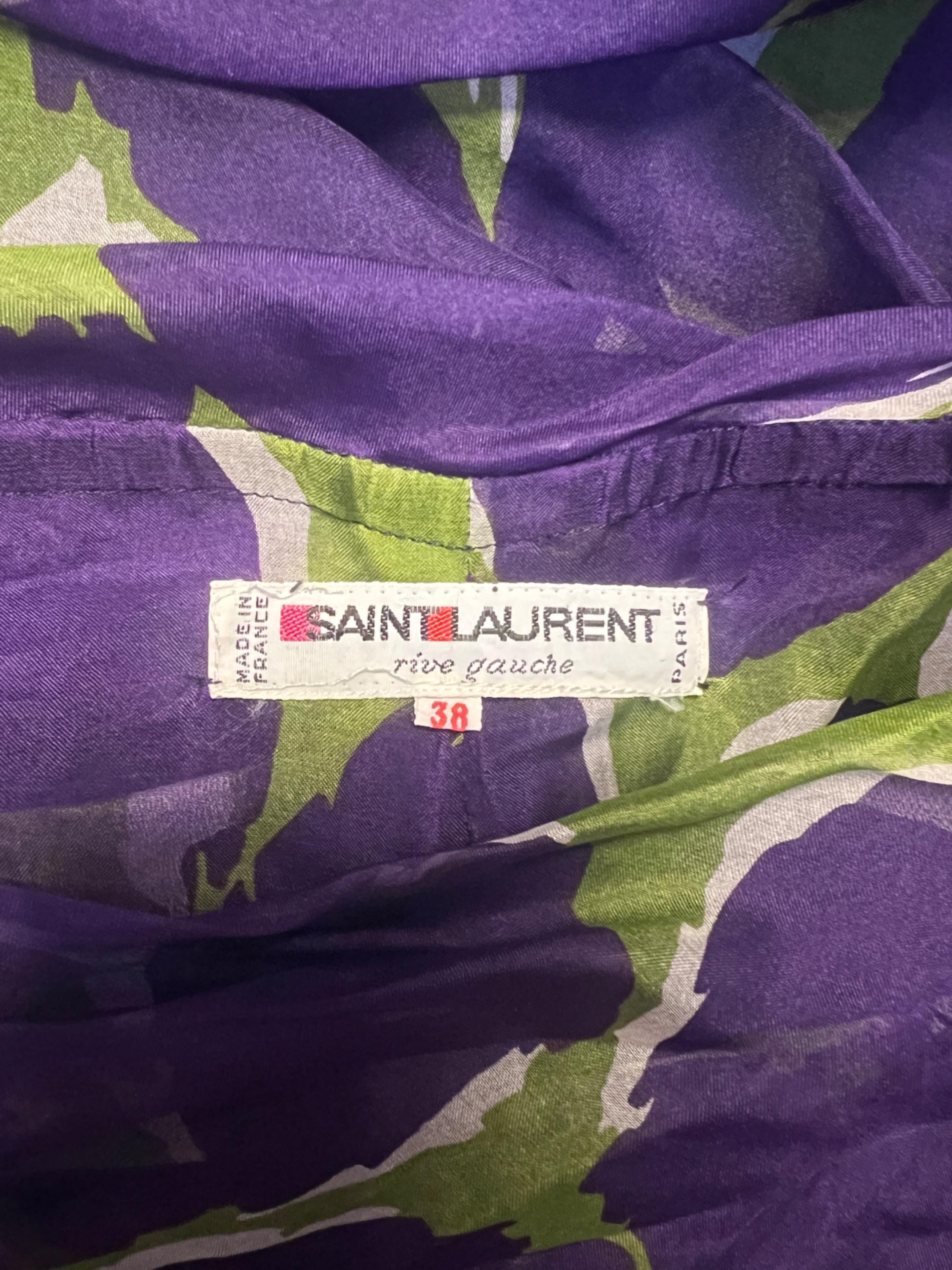 1984 Runway Yves Saint Laurent Purple and Green Printed Chiffon Dress 1