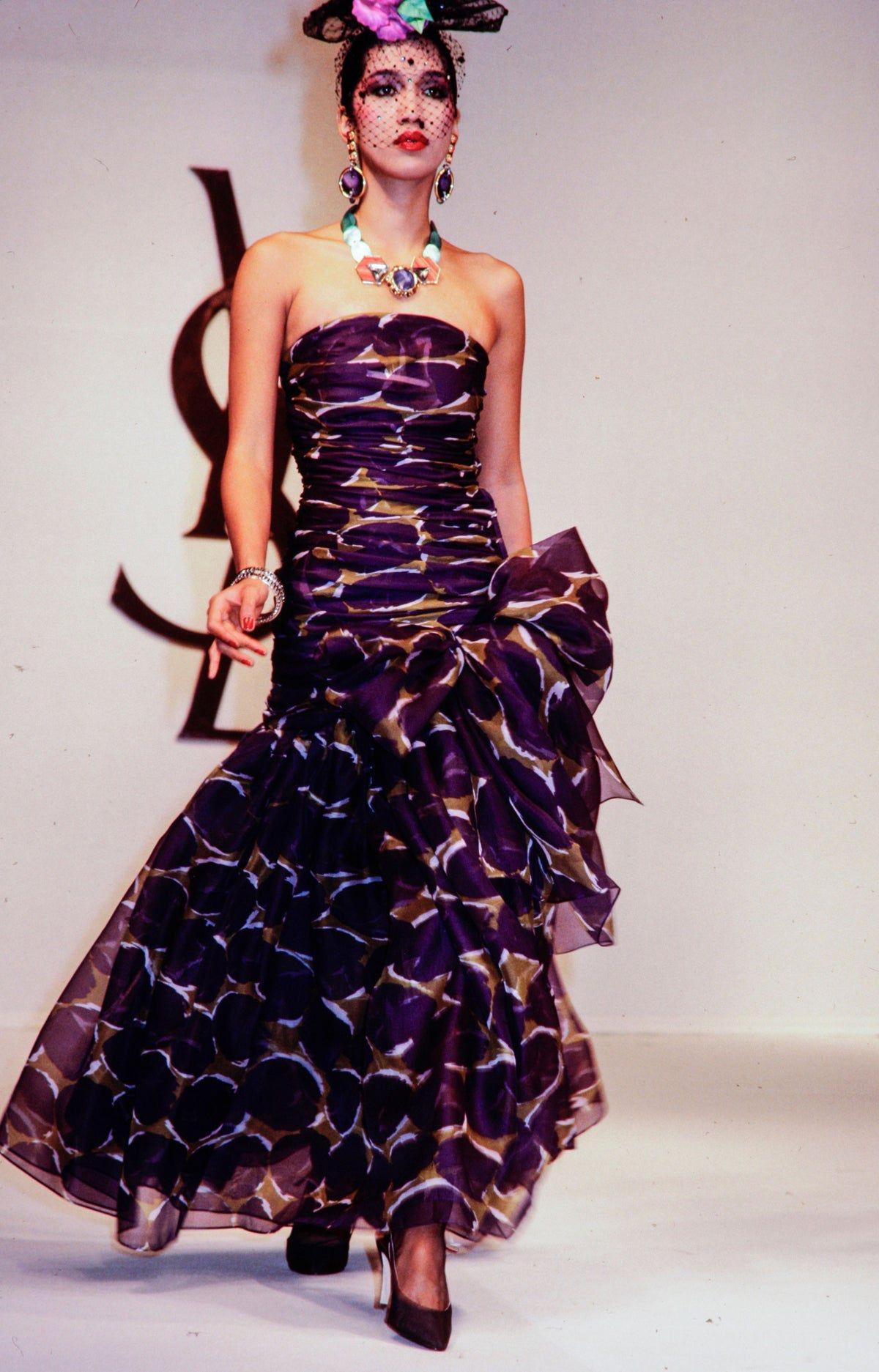 1984 Runway Yves Saint Laurent Purple and Green Printed Chiffon Dress 2