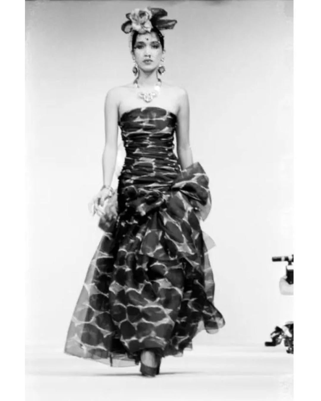 1984 Runway Yves Saint Laurent Purple and Green Printed Chiffon Dress 4