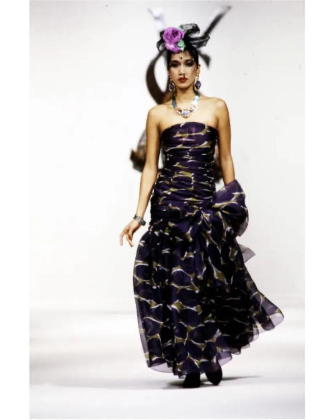 1984 Runway Yves Saint Laurent Purple and Green Printed Chiffon Dress 5